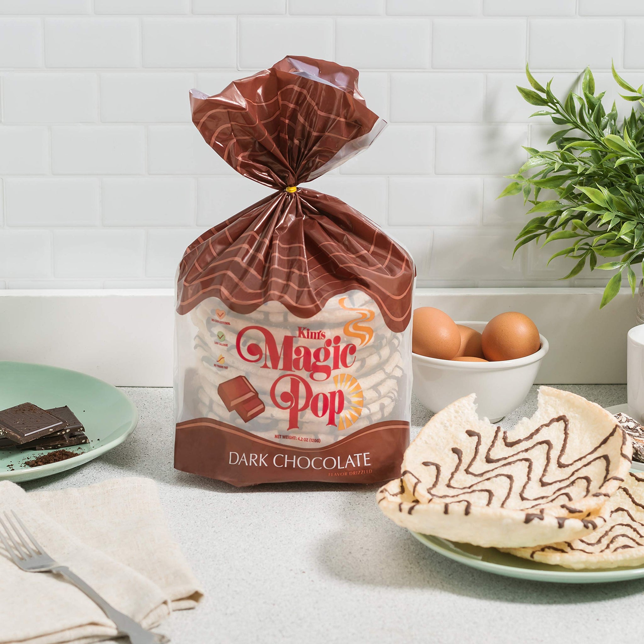 Kim's Magic Pop - Dark Chocolate Flavor Drizzled | 6 Bags | 12 Cakes per Bag | Low Carb, No Trans Fat, All Natural, Multigrain Korean Snack | Easy