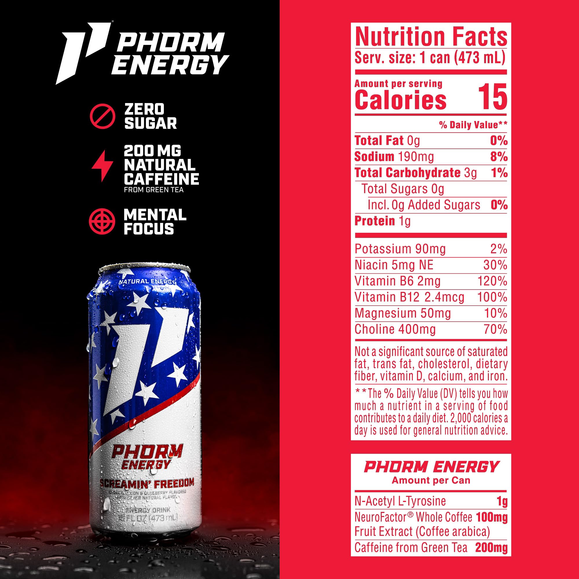 Phorm Energy Drink, Screamin’ Freedom, Rocket Pop Flavor, Sugar Free, 200 mg Natural Caffeine From Green Tea, Electrolytes and Vitamin B12, Gluten