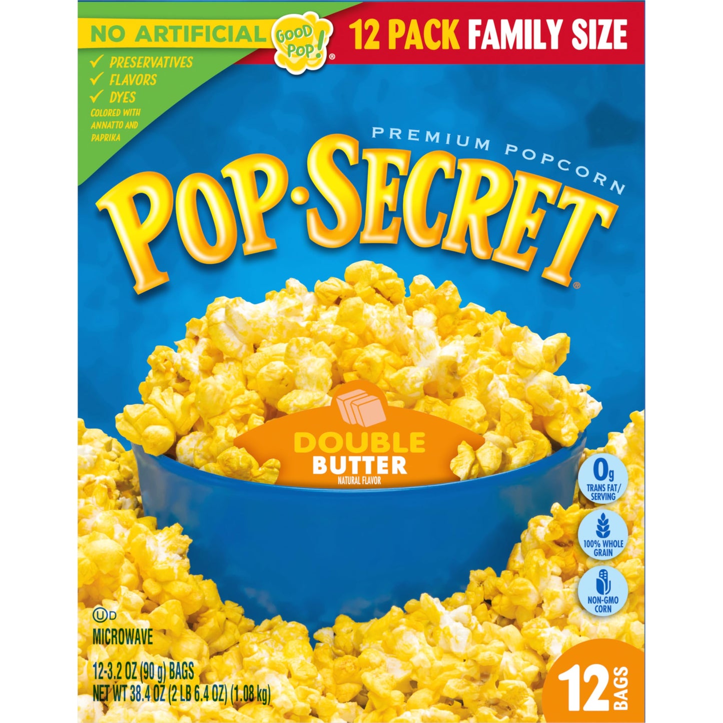 Pop Secret Double Butter Microwave Popcorn 12ct (3.2oz Bags), 38.4oz Box (Pack of 1) - Microwave Popcorn, Non-GMO Popcorn, Double Butter Blast