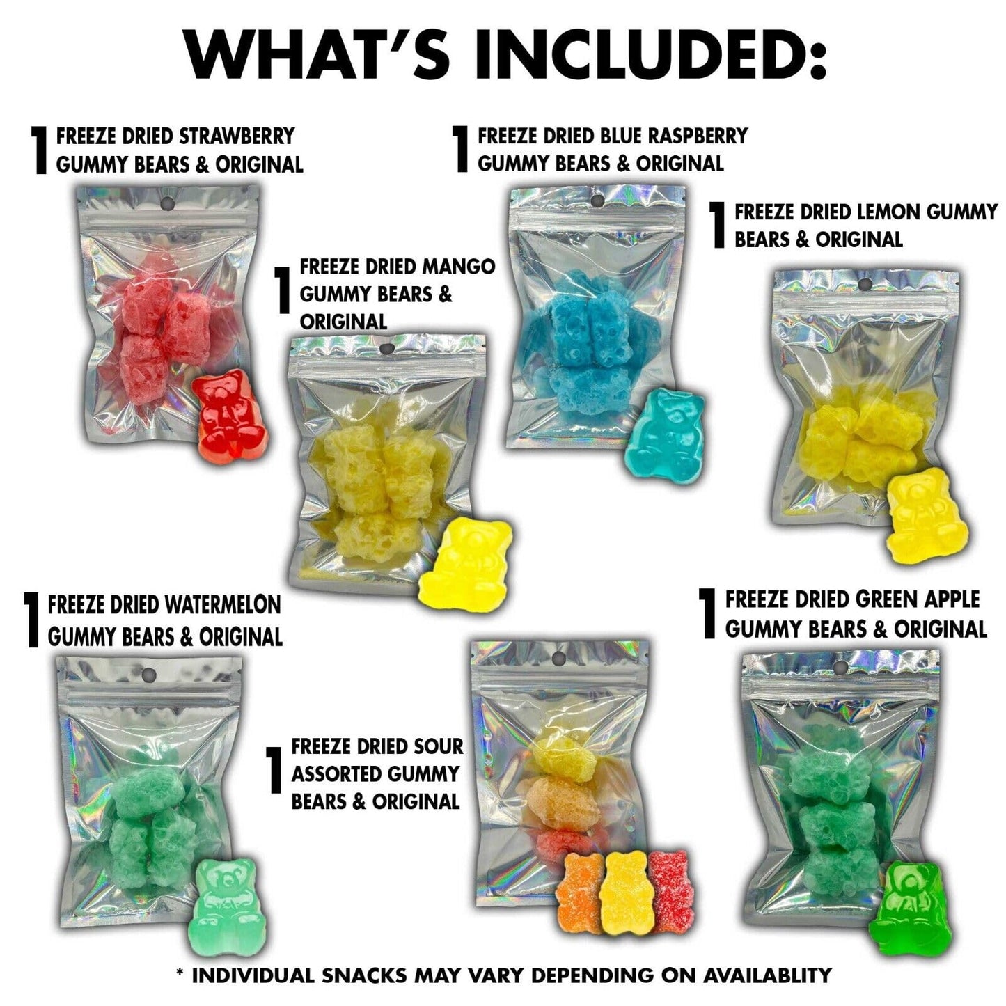 Fun Flavors Box-Gummy Bears Freeze Dried Candy 7 Bag Sampler Variety Pack Gift Box with Before and After Gummies