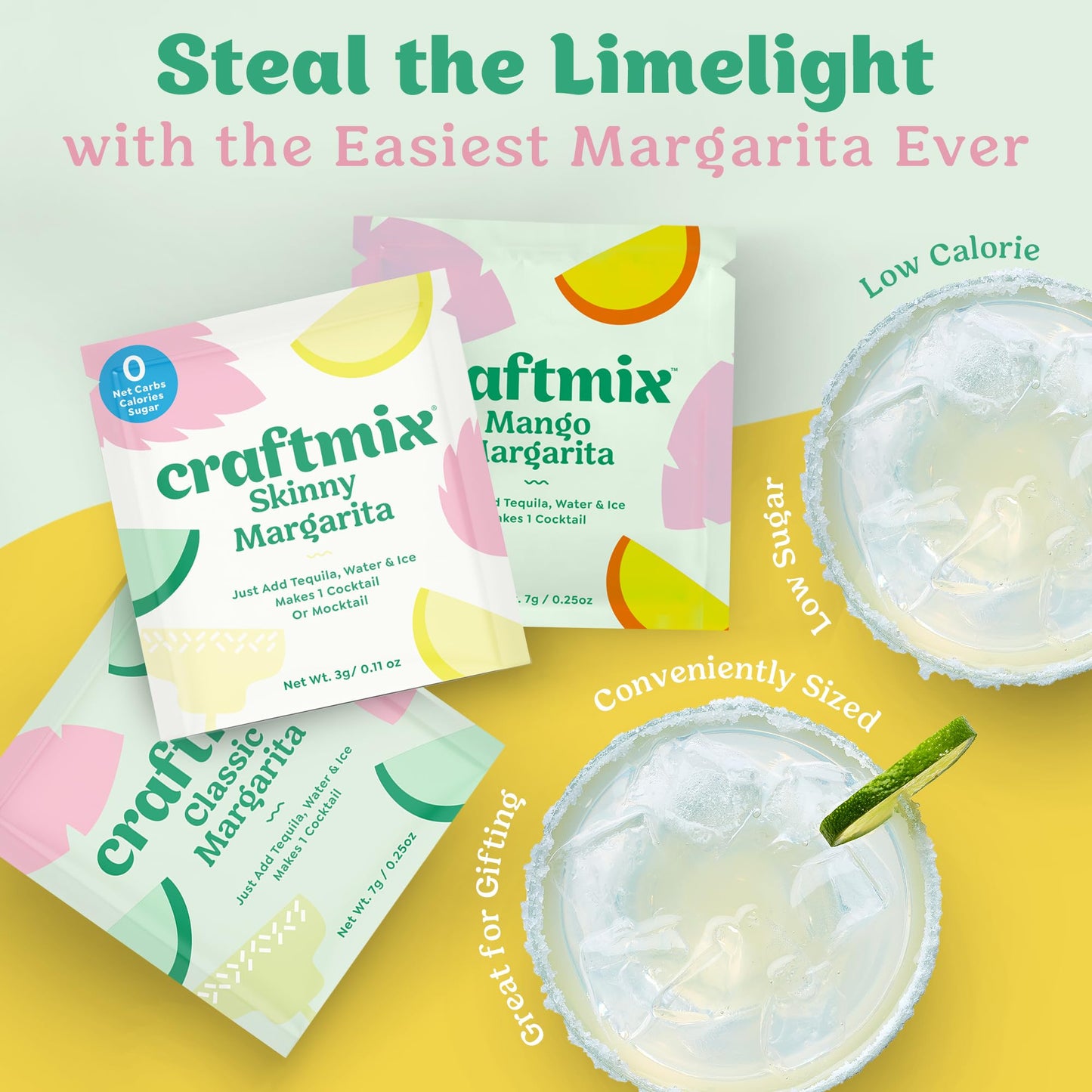 Craftmix Margarita Variety Pack Cocktail & Mocktail Drink Mixer, Skinny Mixes - Water Flavoring Packets - Made With Real Fruit - Vegan, Low-Carb