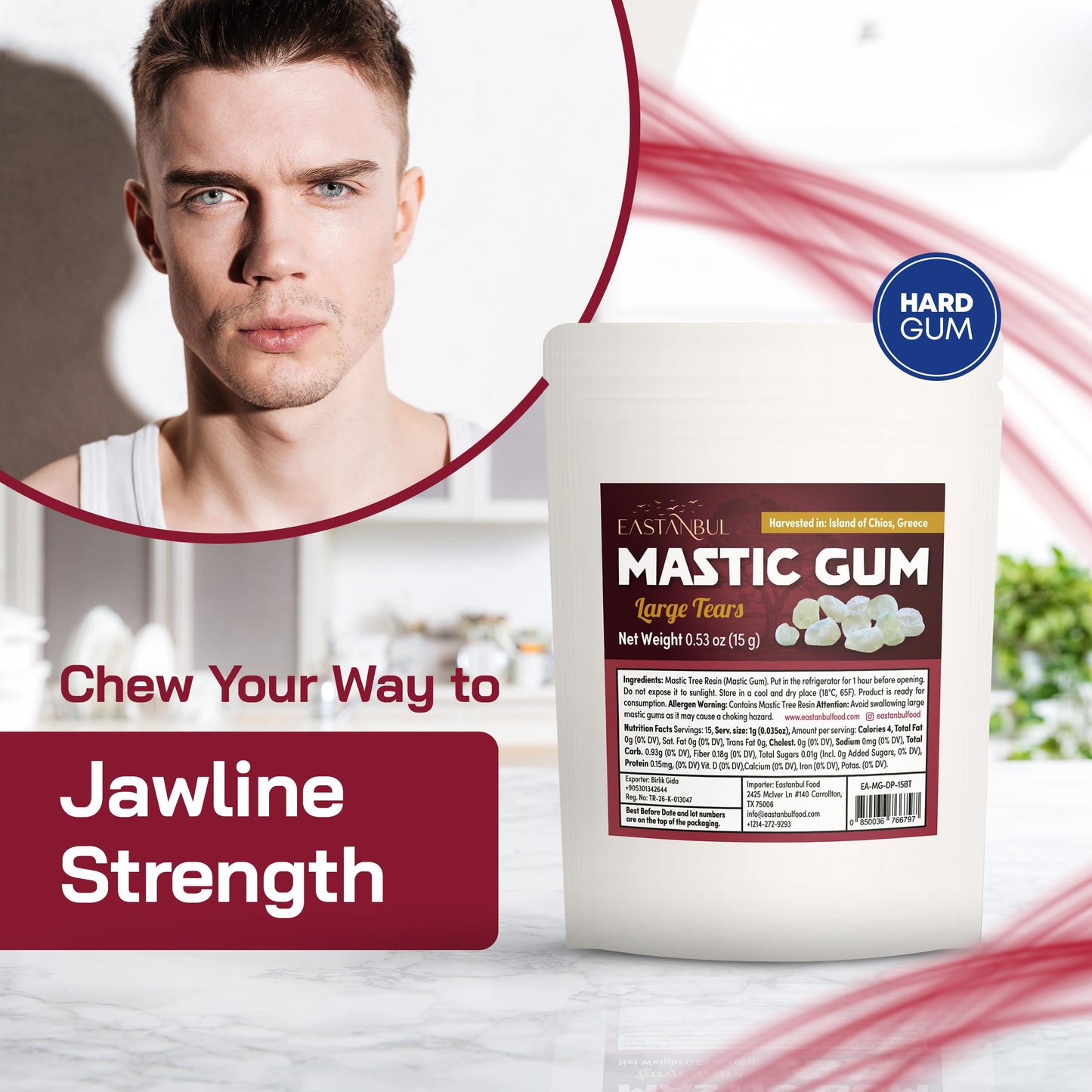 Eastanbul Mastic Gum Chewing Gum, 0.53oz(15g) Mastic Chewing Mewing for Jawline, Large Sized Natural Tears of Chios, Sugar Free, Natural in Resealable