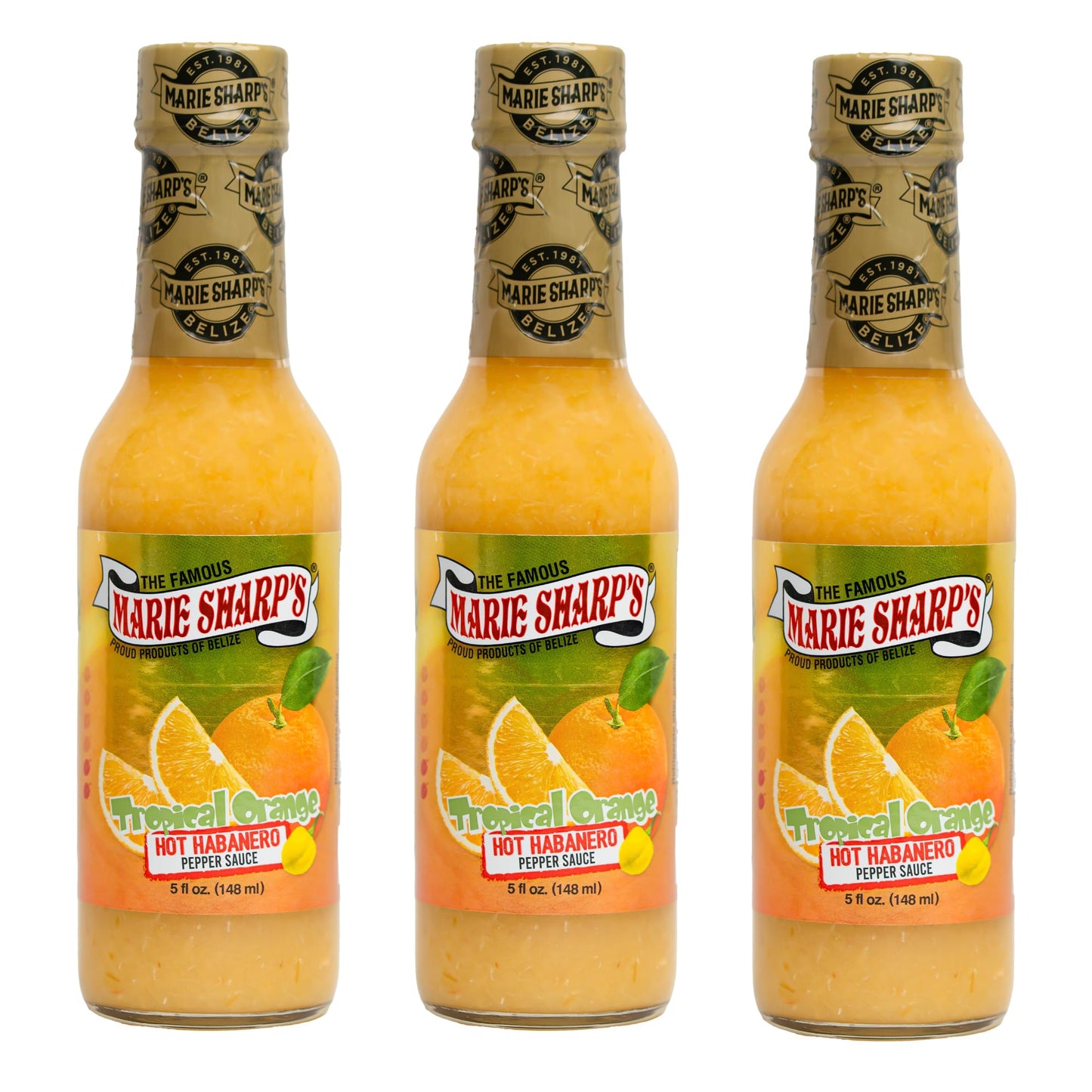 Marie Sharp’s Tropical Orange Habanero Pepper Sauce, 5 oz - Citrusy Belizean Hot Sauce with Fresh Orange & Habanero - All-Natural, Gluten-Free (Pack