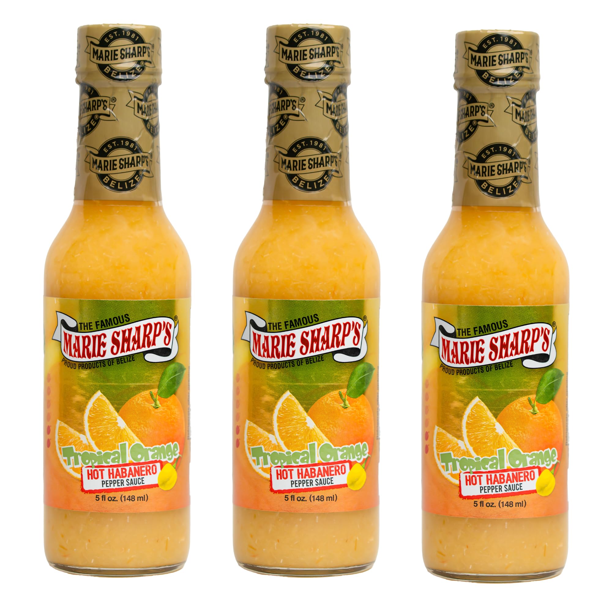 Marie Sharp’s Tropical Orange Habanero Pepper Sauce, 5 oz - Citrusy Belizean Hot Sauce with Fresh Orange & Habanero - All-Natural, Gluten-Free (Pack