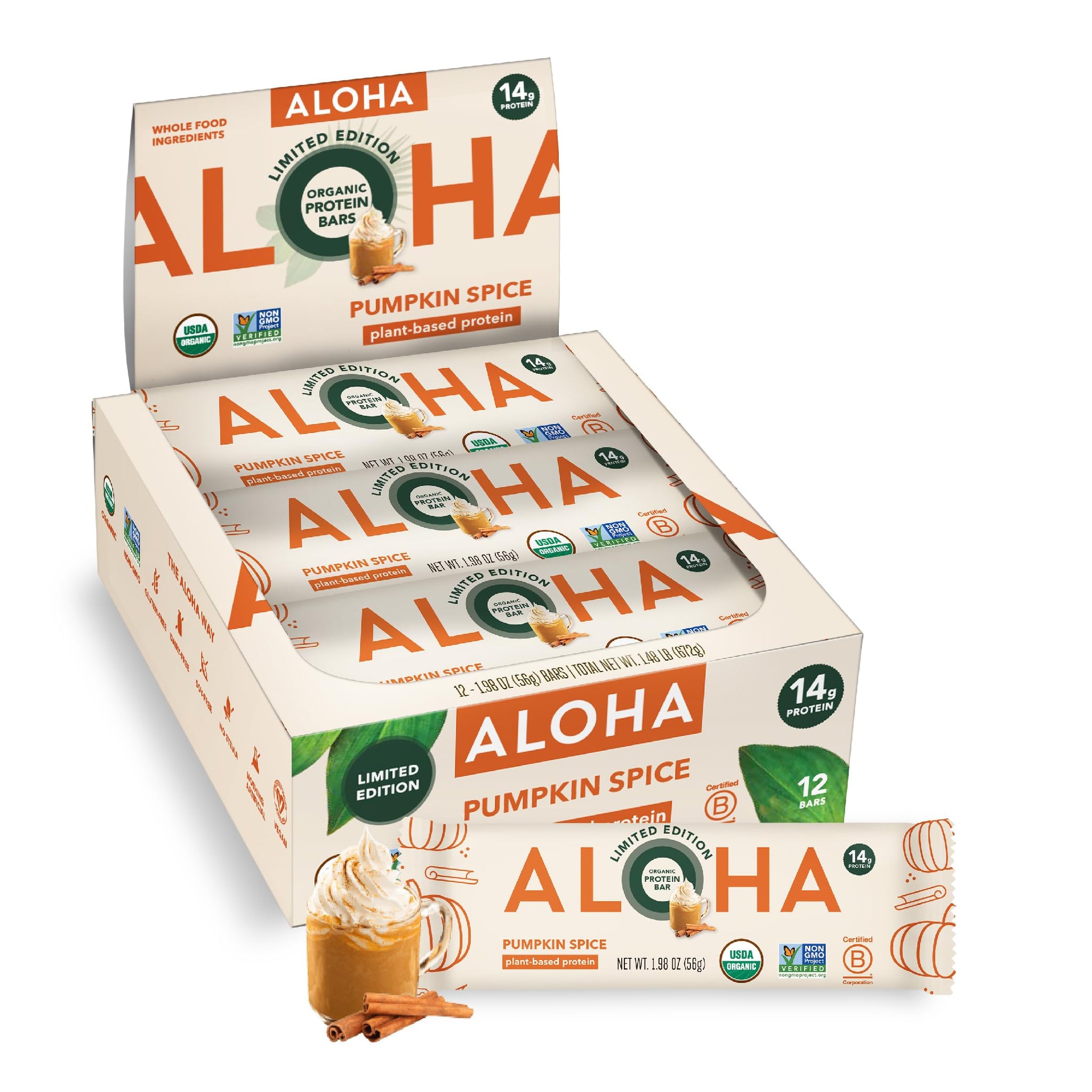 ALOHA Organic Plant Based Protein Bars - Pumpkin Spice, Vegan, Low Sugar, Gluten-Free, Low Carb, Non-GMO, No Stevia, No Erythritol - LIMITED EDITION