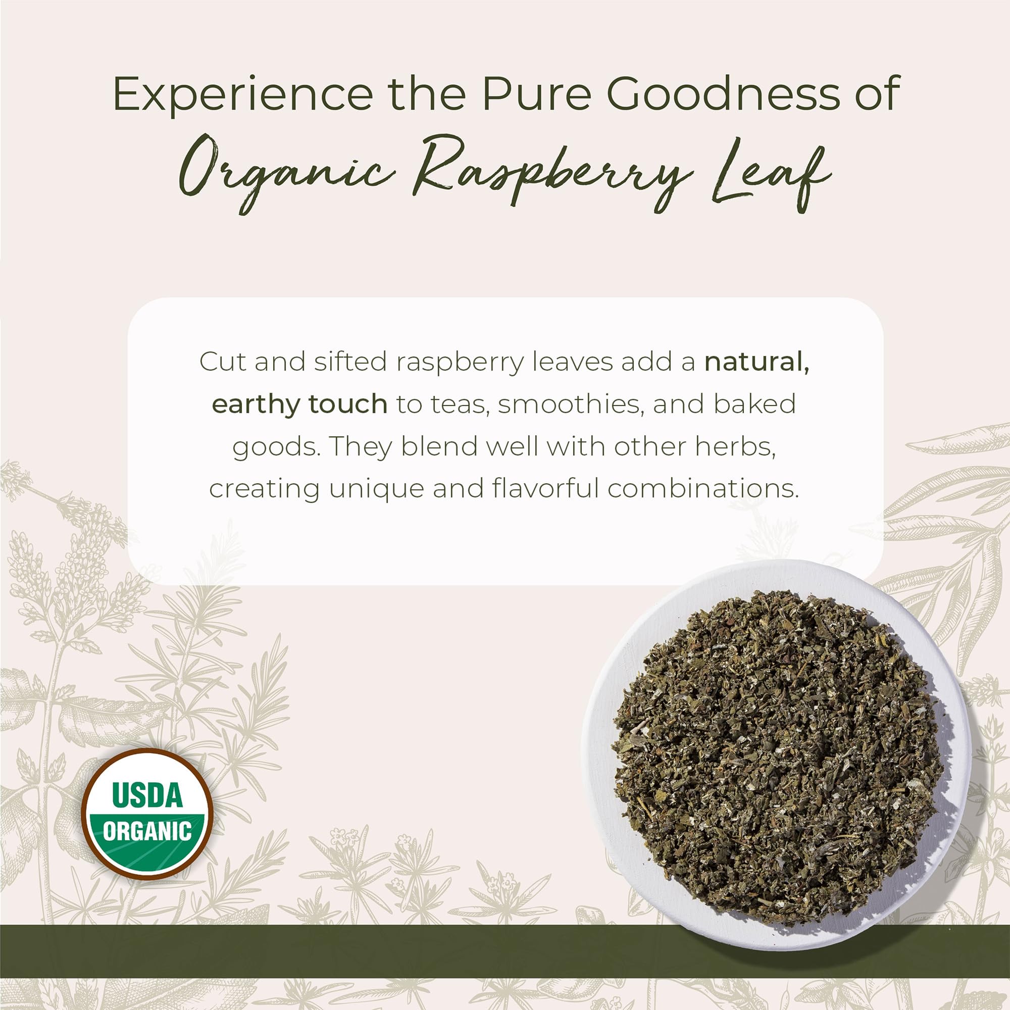 Starwest Botanicals Organic Raspberry Leaf - Herbal Loose Leaf Tea, Caffeine Free Natural Herbs, Pure Dried Raspberry Leaf, Cut & Sifted, Certified