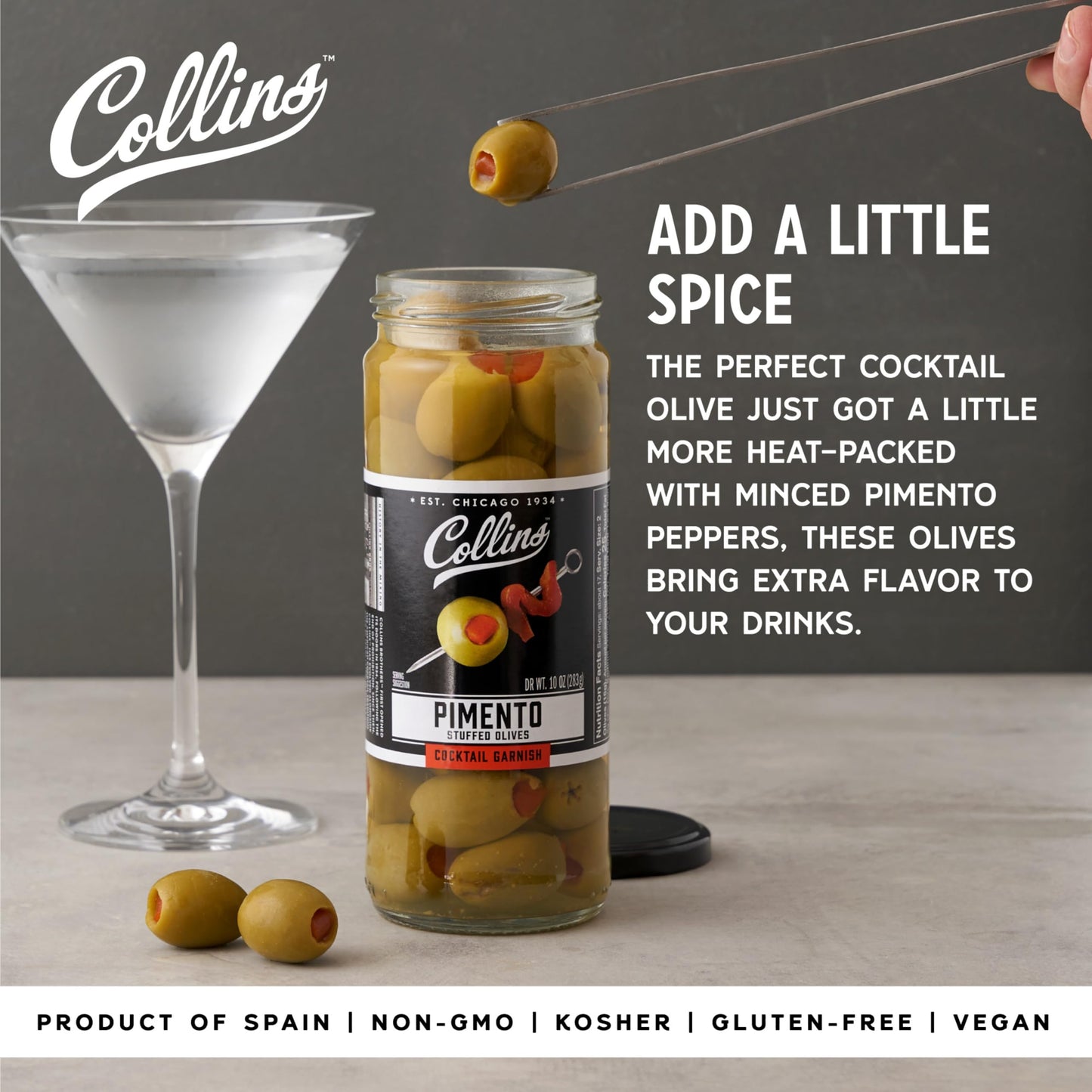 Collins Colossal Martini Pimento Olives | Premium Garnish for Cocktails, Martinis, and Salads, Snack Trays, Charcuterie, Cheese Plates, Condiment
