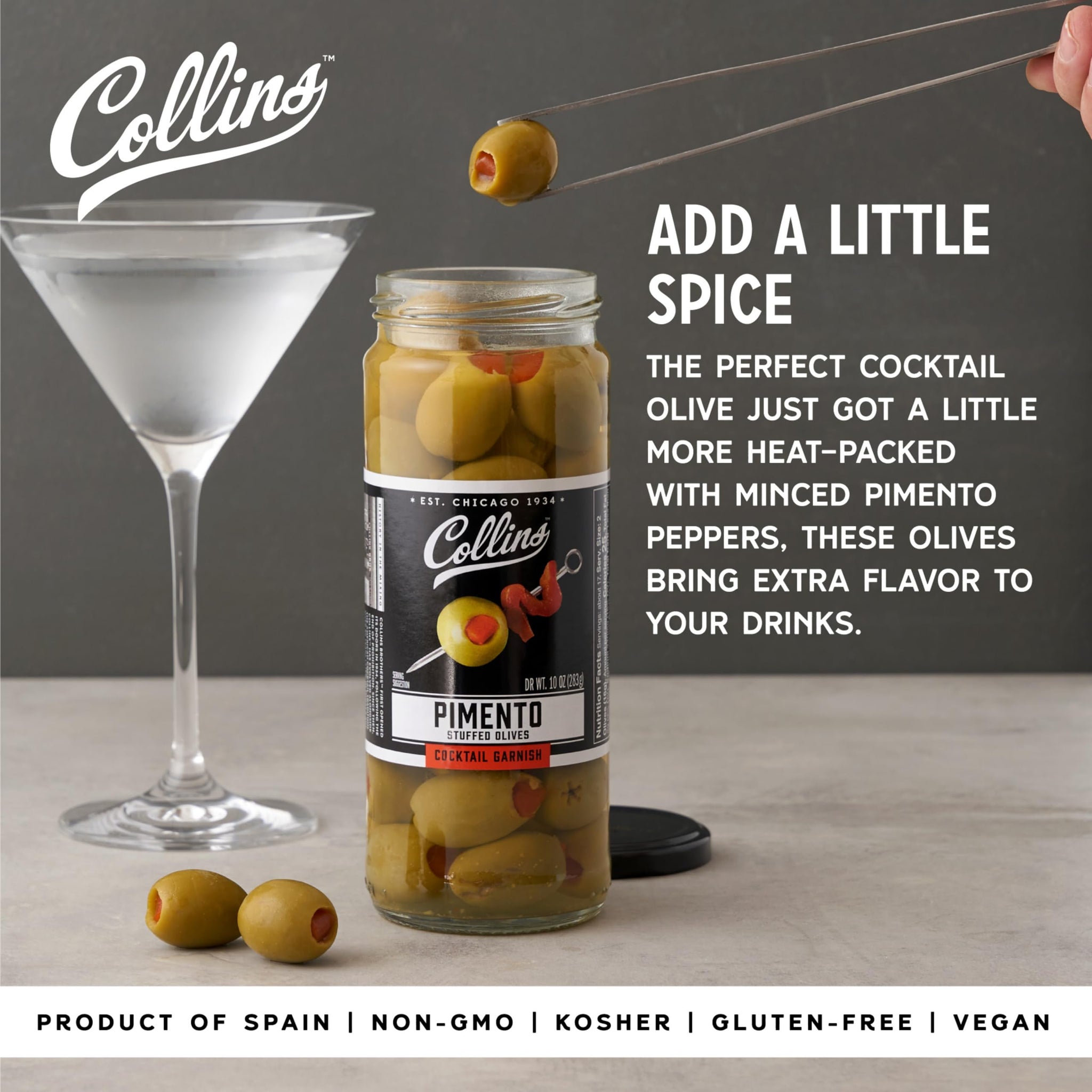 Collins Colossal Martini Pimento Olives | Premium Garnish for Cocktails, Martinis, and Salads, Snack Trays, Charcuterie, Cheese Plates, Condiment