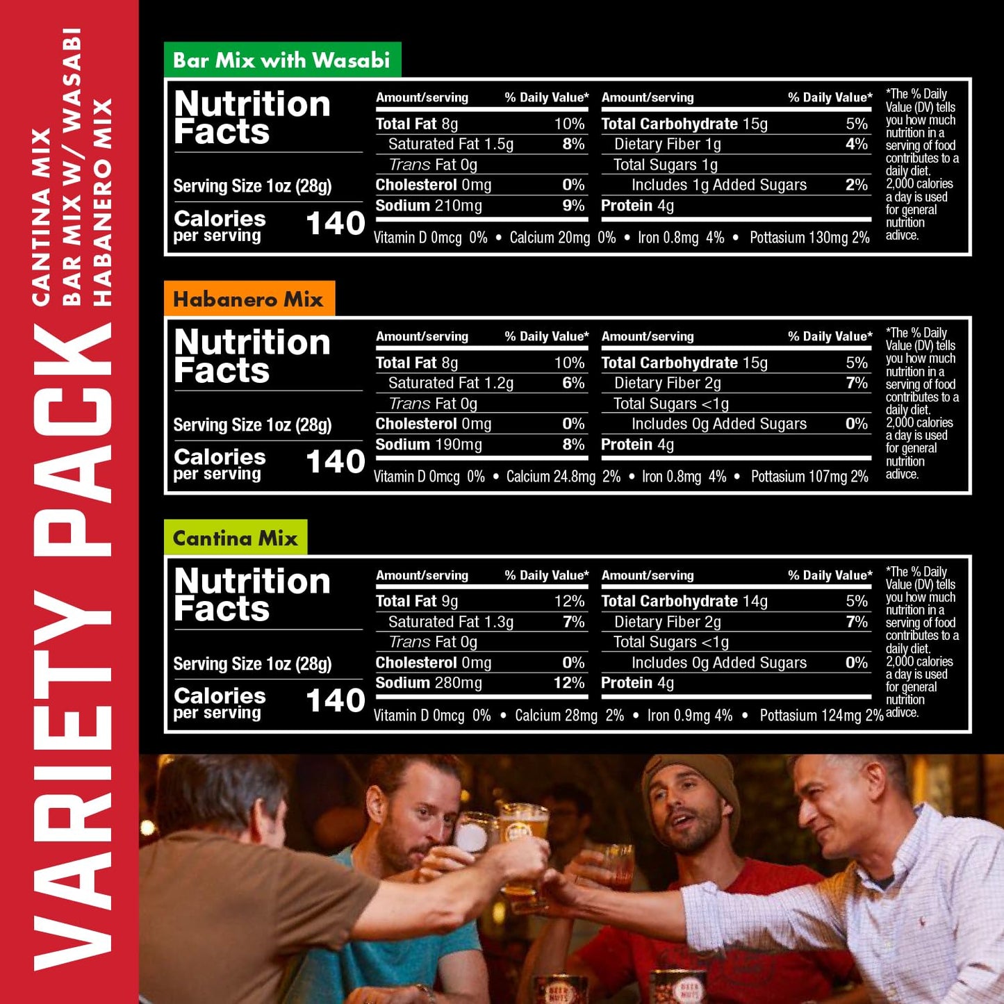 BEER NUTS Variety Pack, Habanero Bar Mix, 12oz Cantina Mix with Twang, 12oz Bar Mix w/Wasabi, nack Bulk Bundle Resealable Jars (12oz each, Pack of 3)