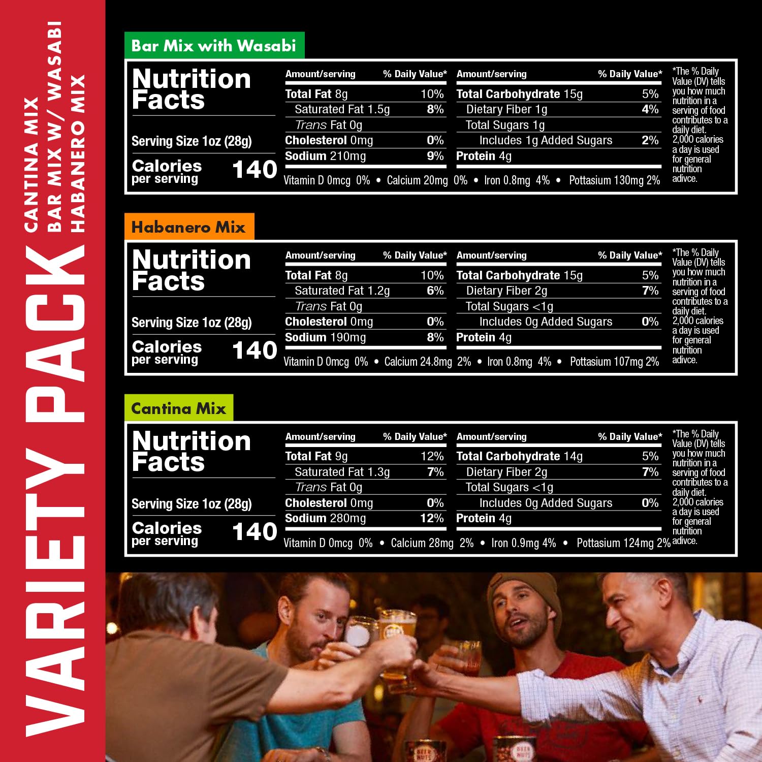 BEER NUTS Variety Pack, Habanero Bar Mix, 12oz Cantina Mix with Twang, 12oz Bar Mix w/Wasabi, nack Bulk Bundle Resealable Jars (12oz each, Pack of 3)