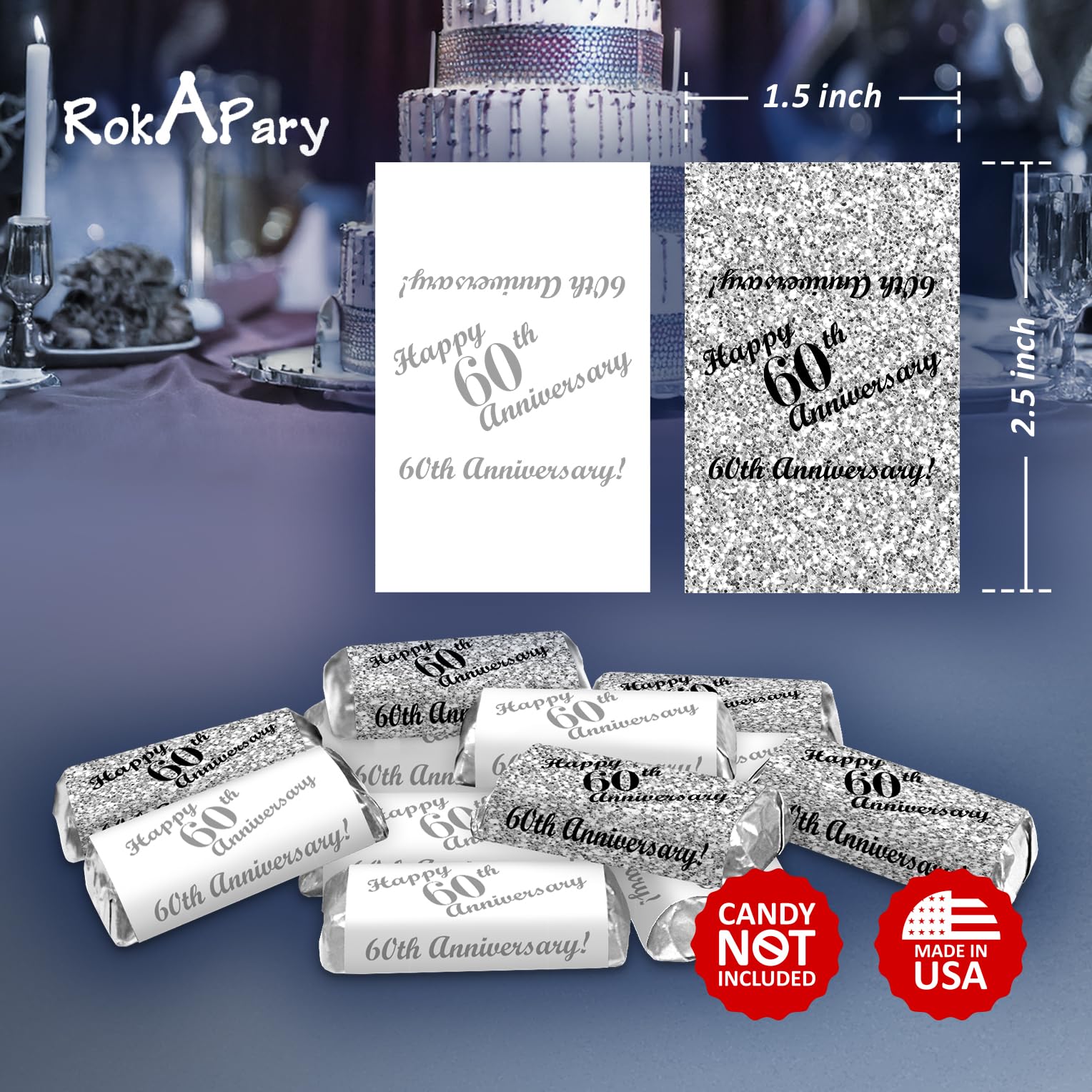 60th Anniversary Miniatures Candy Bar Wrapper, (Set of 60) Mini Chocolate Bar Stickers; Silver and White, Candy Not Included. Made in USA
