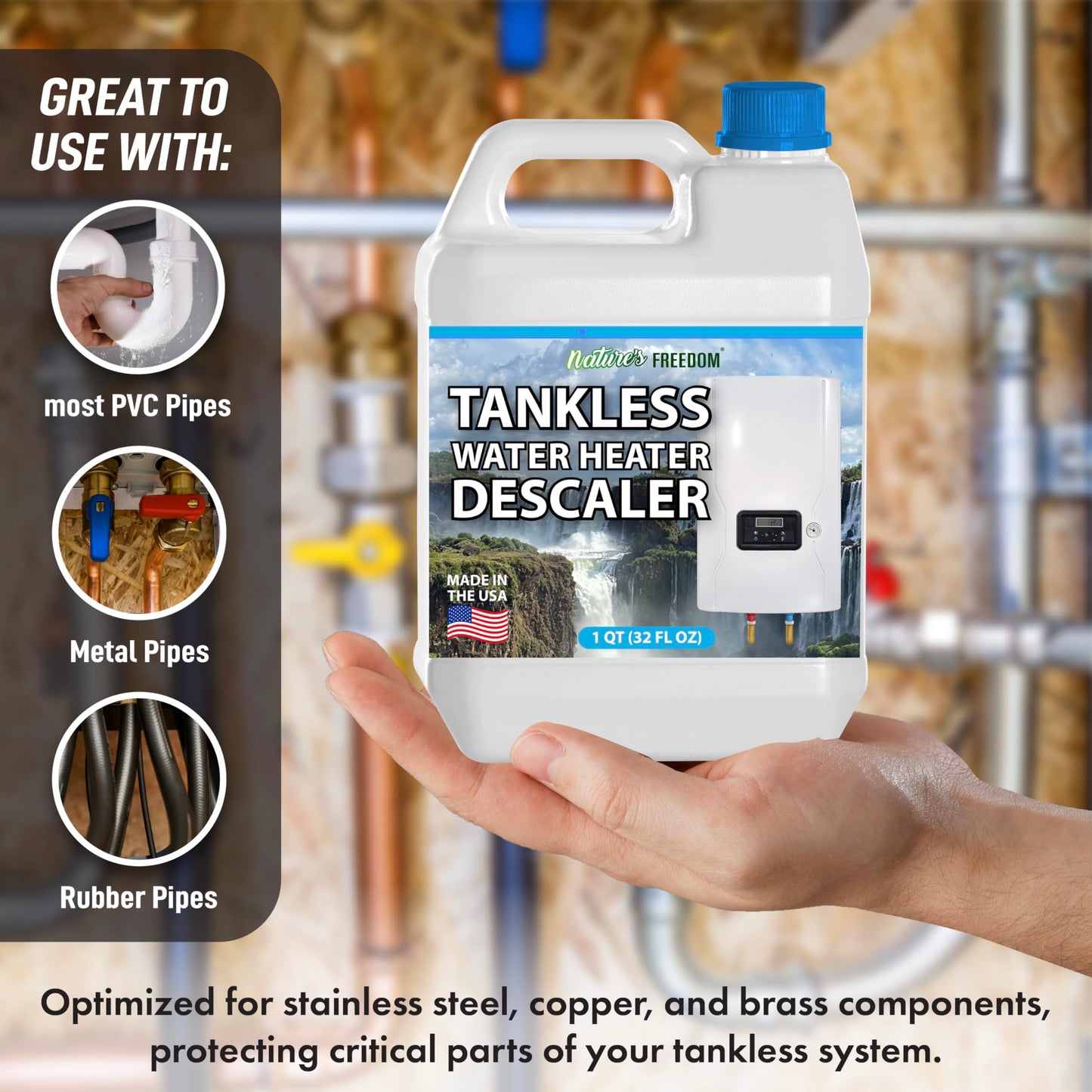 Nature's Freedom Tankless Water Heater Flush Descaler, Quart (32 oz) - Professional Non-Toxic Descaling Solution, Biodegradable, Made in the USA