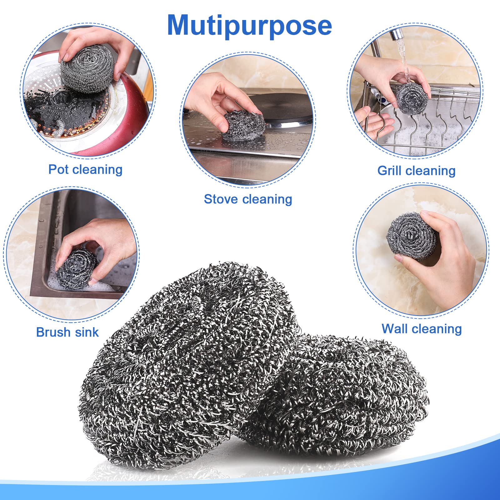 ovwo 12Pack Upgraded Steel Wool Scrubbers - Premium Stainless Steel Scrubber, Metal Scouring Pads, Steel Wool Pads, Kitchen Cleaner, Heavy Duty
