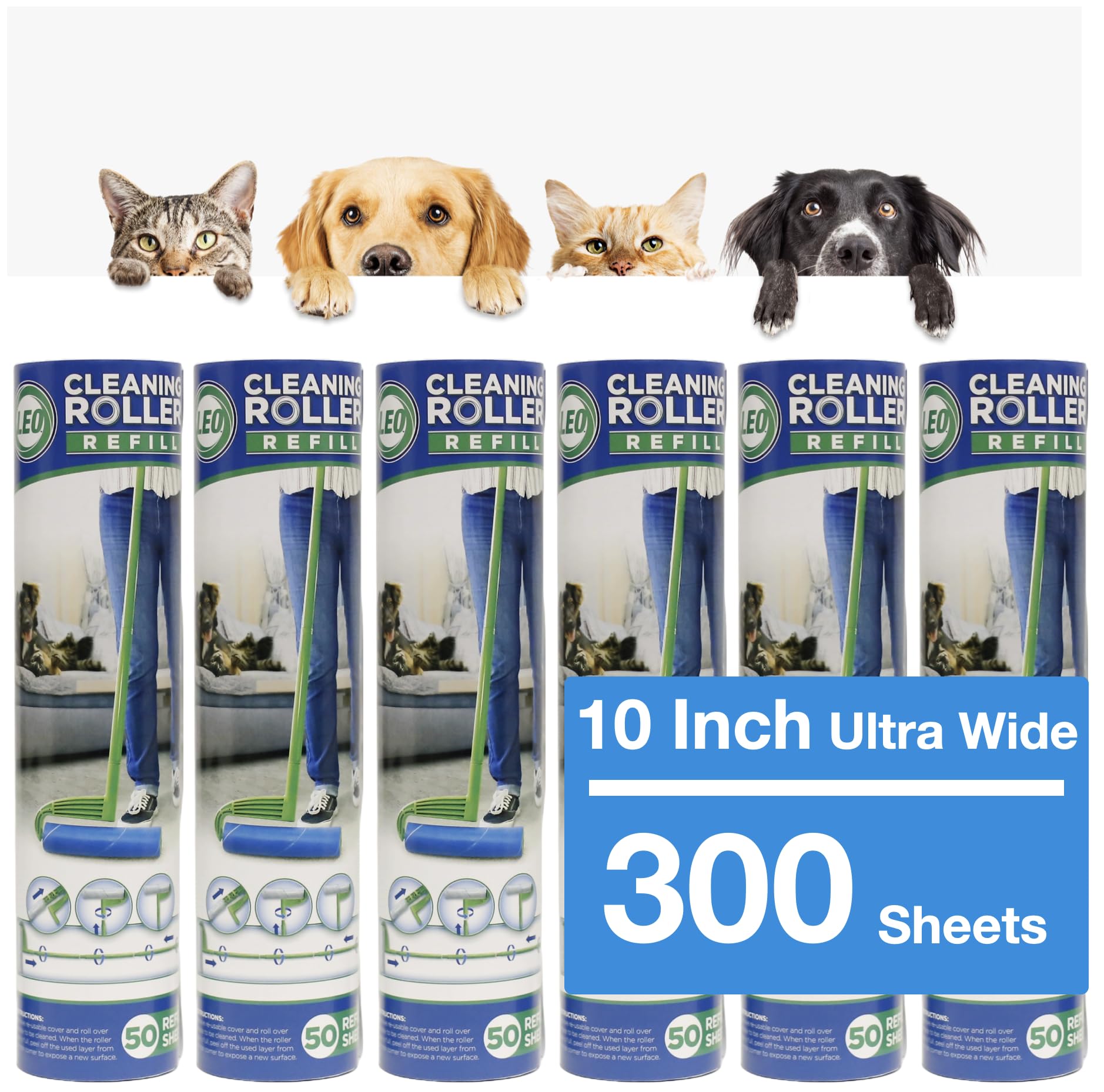 Leo 10-Inch Wide Lint Roller Refills, 6 Rolls with 50 Sheets Each (300 Sheets Total), Extra Sticky for Pet Hair, Carpet & Floor Cleaning