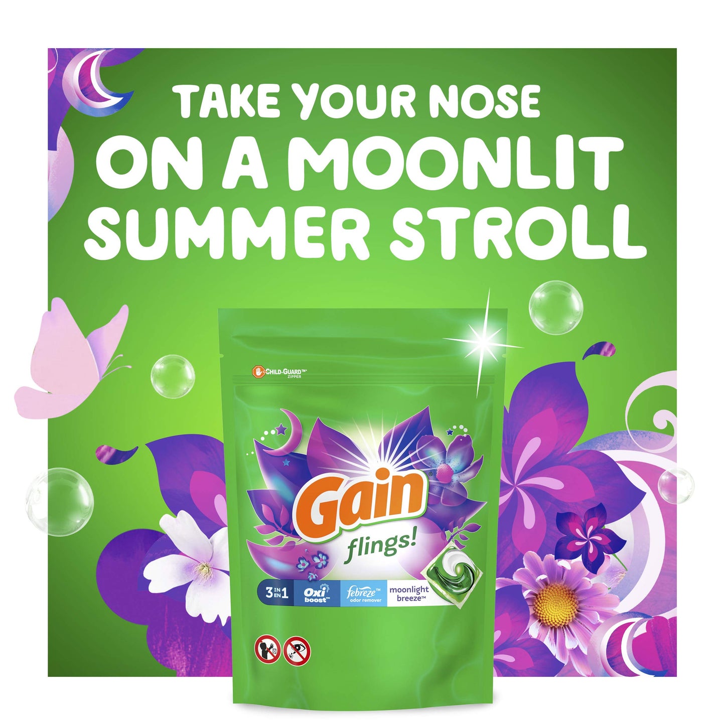 Gain flings! Laundry Detergent Soap Pacs, HE Compatible, 24 ct, Long Lasting Scent, Moonlight Breeze, Green