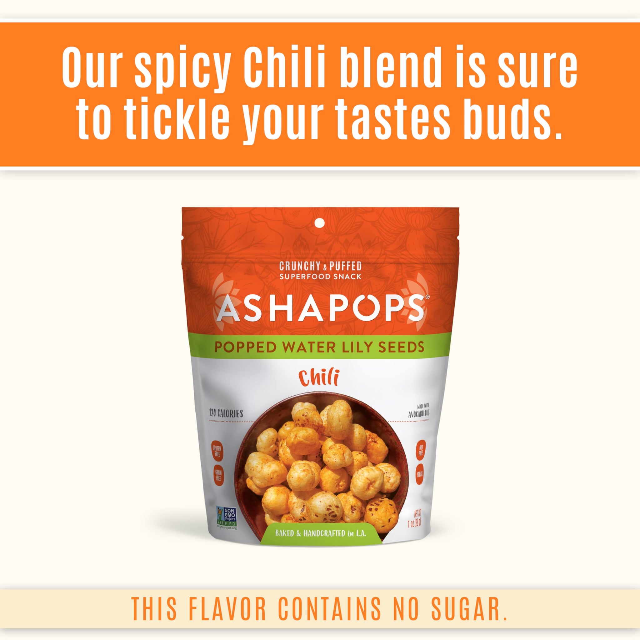 AshaPops Chili Flavored Popped Water Lily Seeds, 1 oz (Pack of 1) - Gluten-Free, Vegan, Paleo, Nut-Free, Corn-Free, Soy-Free, Non-GMO, Delicious