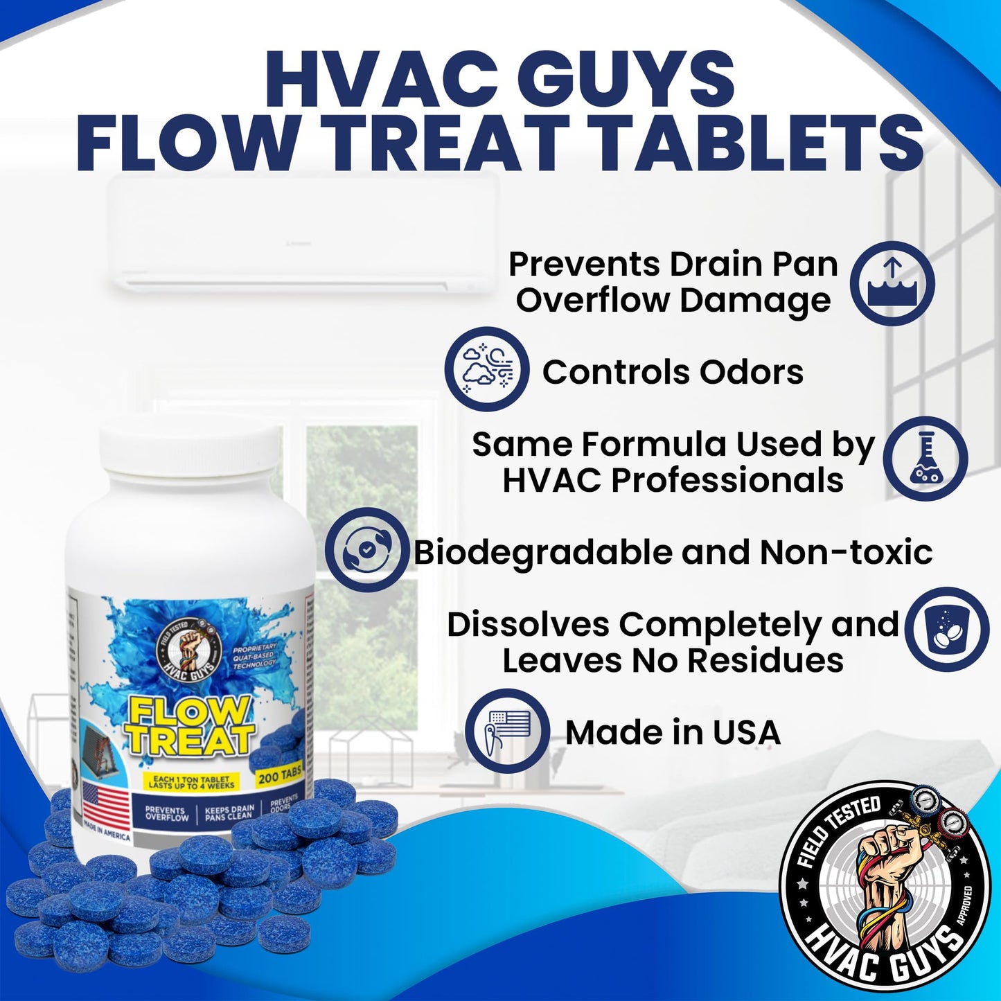 HVAC GUYS - Flow Treat Tabs - 200 Tablets | AC Drain Line Cleaner | Prevents Odors, Keeps HVAC Drain Pan Clean, Prevents Overflow | One Tablet Lasts