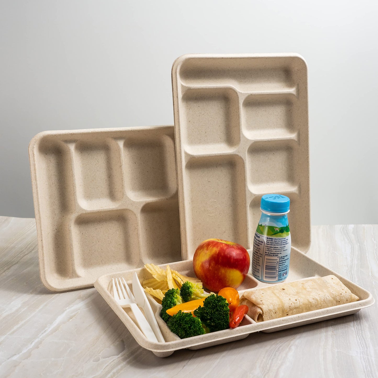 [Pack of 125] Green Wave OV-T026 8.6"x12.5" 6-compartment school lunch Tray |Heavy Duty Marble Look | 100% Compostable | Disposable Eco-friendly |