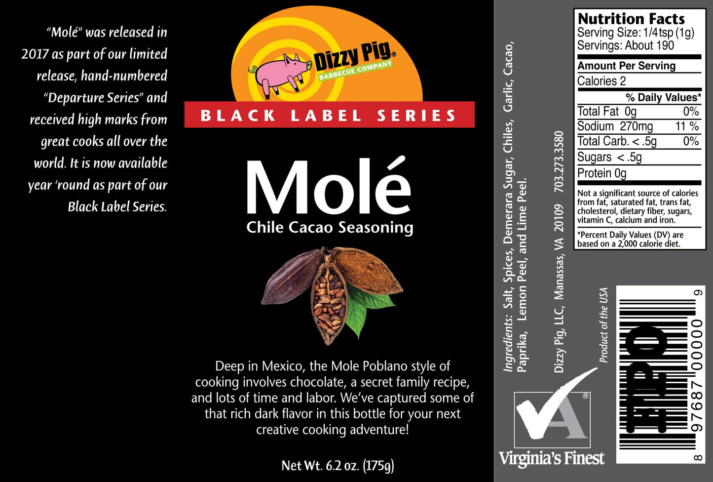 Dizzy Pig Molé Chile Cacao Seasoning Rub (8oz Shaker) - Seasons 30+lbs of Food - Hand Made in the USA - MSG Free, Gluten Free