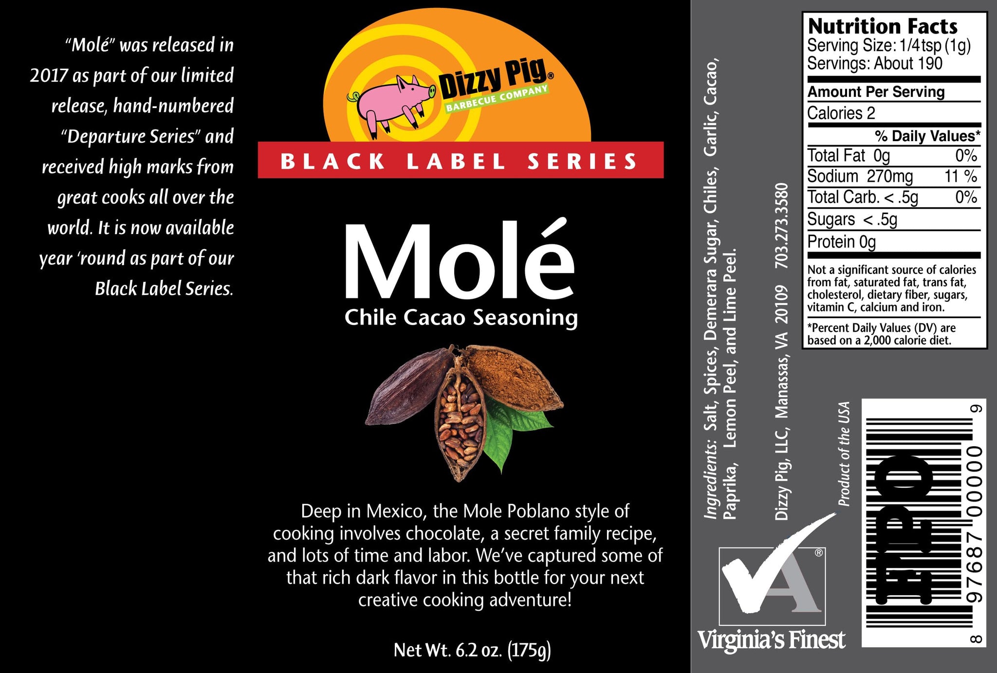 Dizzy Pig Molé Chile Cacao Seasoning Rub (8oz Shaker) - Seasons 30+lbs of Food - Hand Made in the USA - MSG Free, Gluten Free