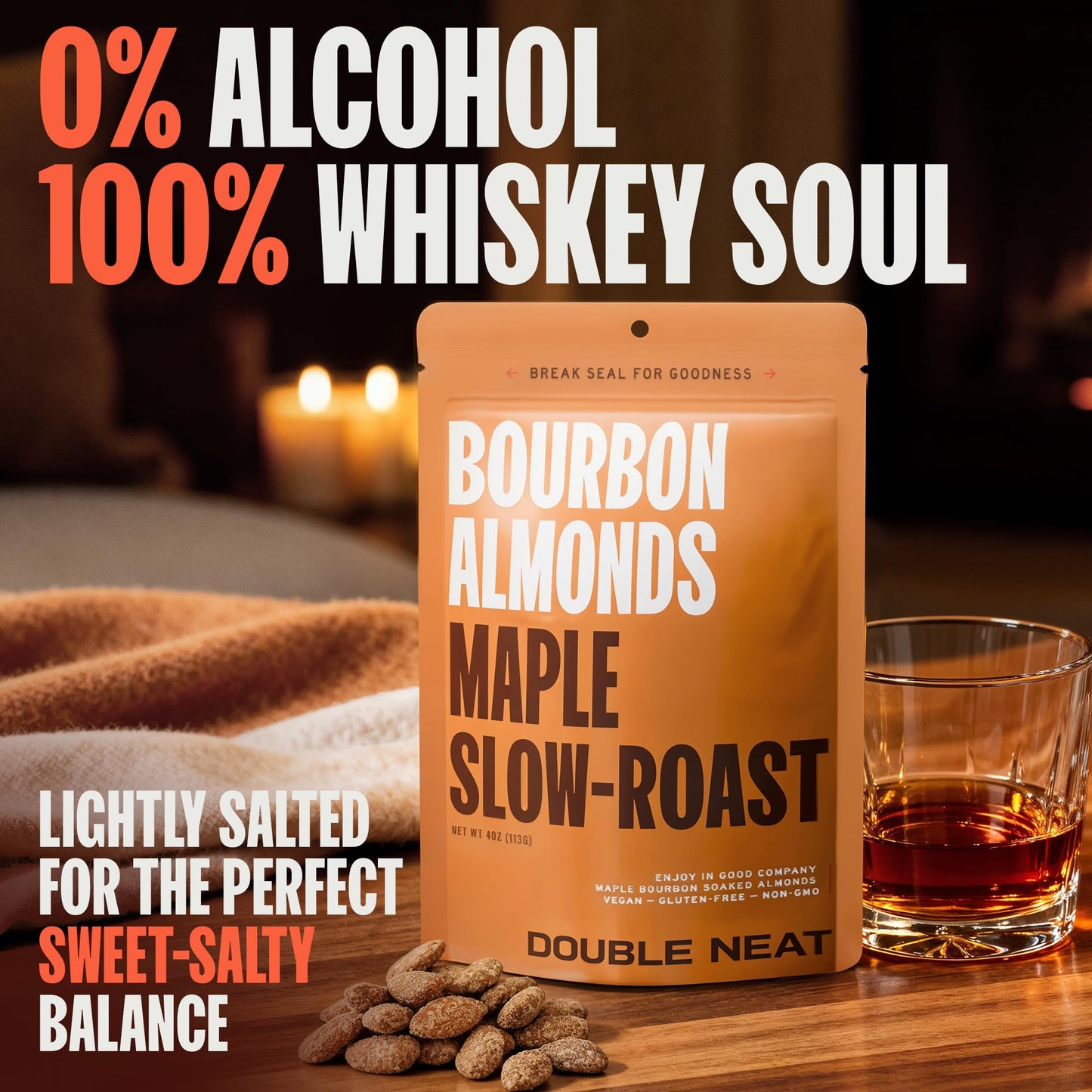 Double Neat Maple Bourbon Almonds - Healthy Fathers Day Snacks Gift - Bourbon Snacks for Men - Vegan & Gluten-Free - Slow-Roasted Candied Almonds