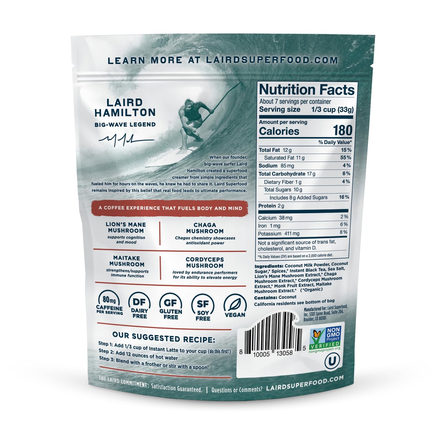 Laird Superfood Chai Instant Latte with Adaptogens - Instant Chai Tea Powder with Superfood Coconut Creamer - Gluten Free, Non-GMO, Vegan, 8 oz. Bag