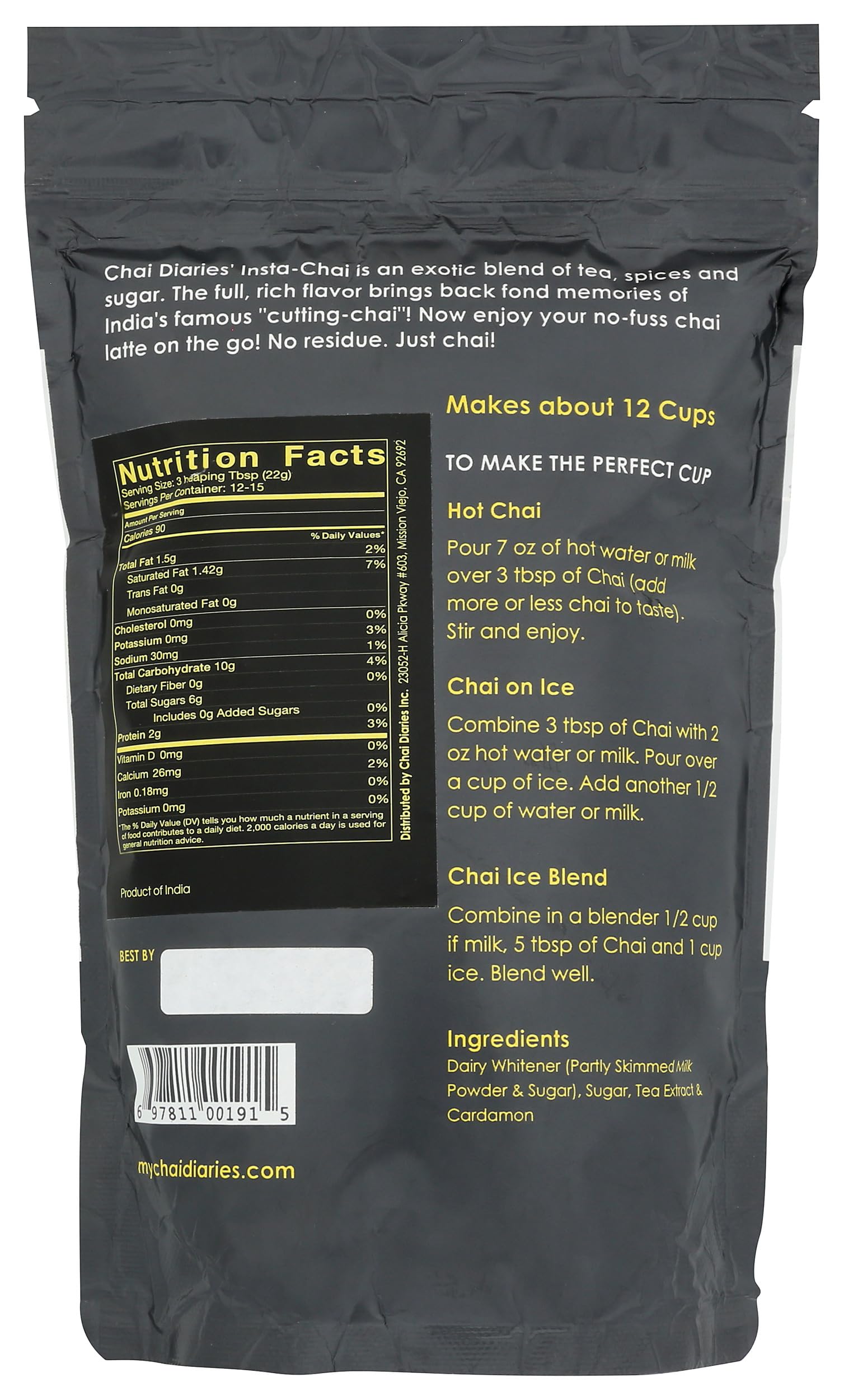 Chai Diaries, Tea Chai Instant Cardamom Authentic Premix, 35.2 Ounce