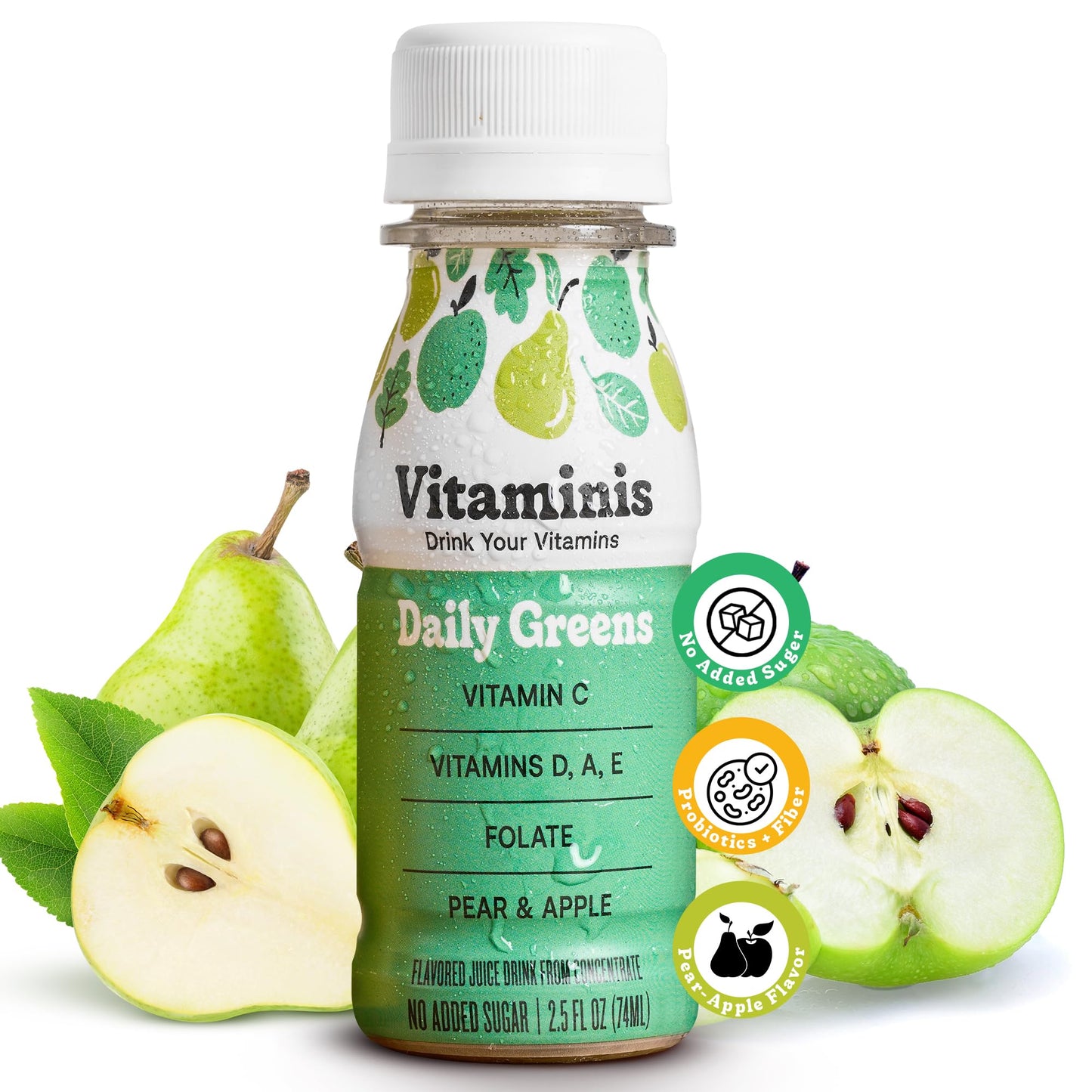 Vitaminis Daily Greens Drink - Apple Pear Juice with Vitamins C, D, A, E & Folate - No Added Sugar - Non-GMO - Gluten-Free - Shelf-Stable Mini Bottles