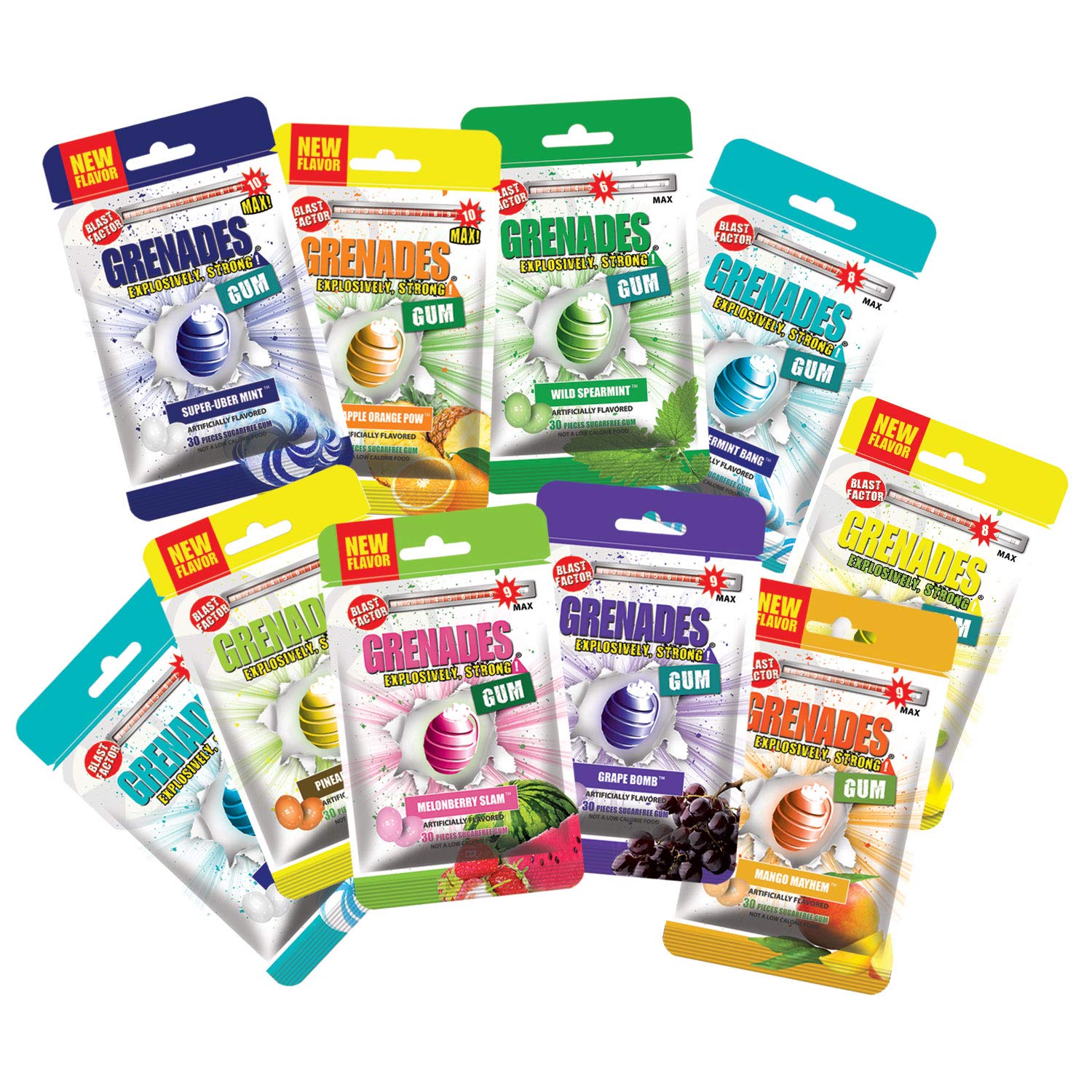 Grenades Gum 10-PACK BUILD-YOUR-OWN BUNDLE-Explosively Strong Mint Sugar-Free Chewing Gum- 9 Flavors to Choose From- Up to 300 pcs