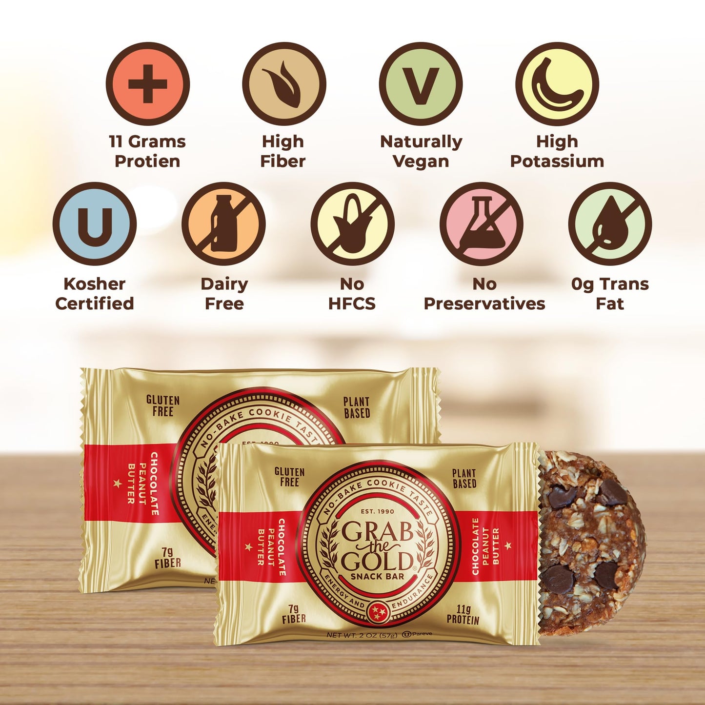 Grab The Gold Chocolate Peanut Butter Protein Snack Bars | 11g Plant-Based Protein, Organic Oats, Gluten-Free, Vegan, Dairy-Free, Kosher, High-Fiber