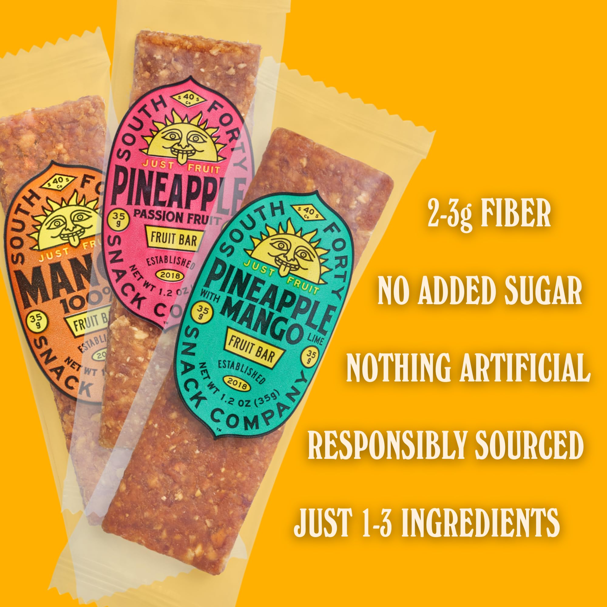 South 40 Snacks Premium Tropical Fruit Bars Mix of 3 Variety Pack, Just 1-3 ingredients, Mango, Pineapple Passionfruit, and Pineapple Mango Lime (35g