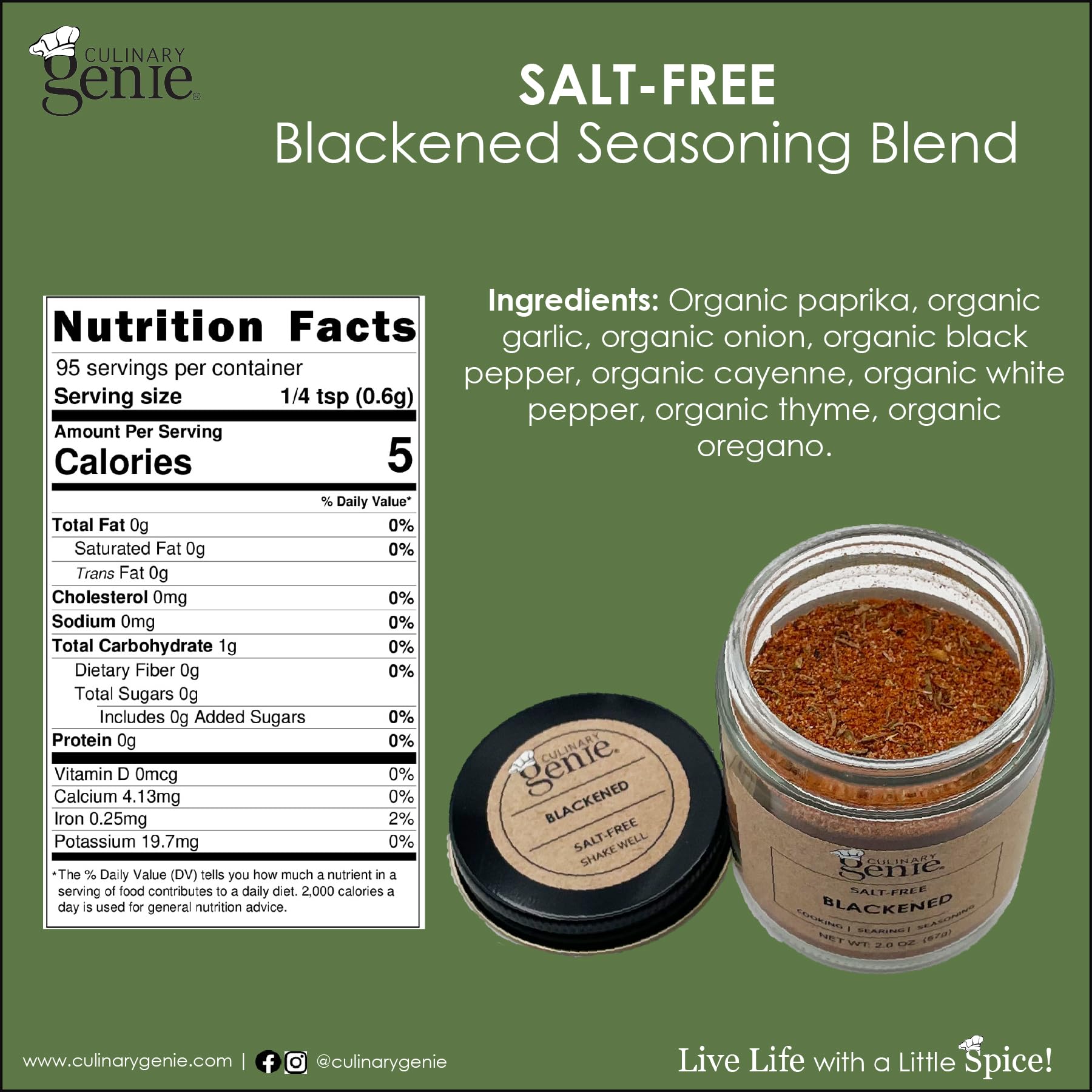 Culinary Genie Salt-Free Blackened Seasoning Blend - Bold Cajun-Style Spice Blend, No Salt Added