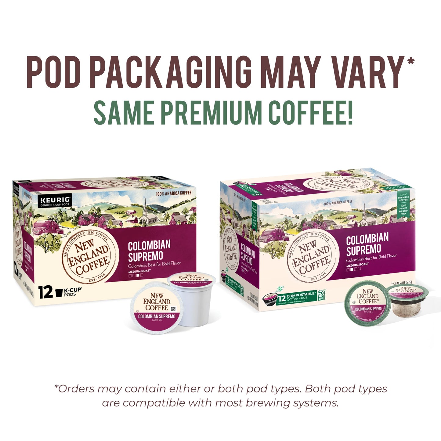 New England Coffee Colombian Supremo Medium Roast Single Serve Pods, 12ct Box (Pack of 1)