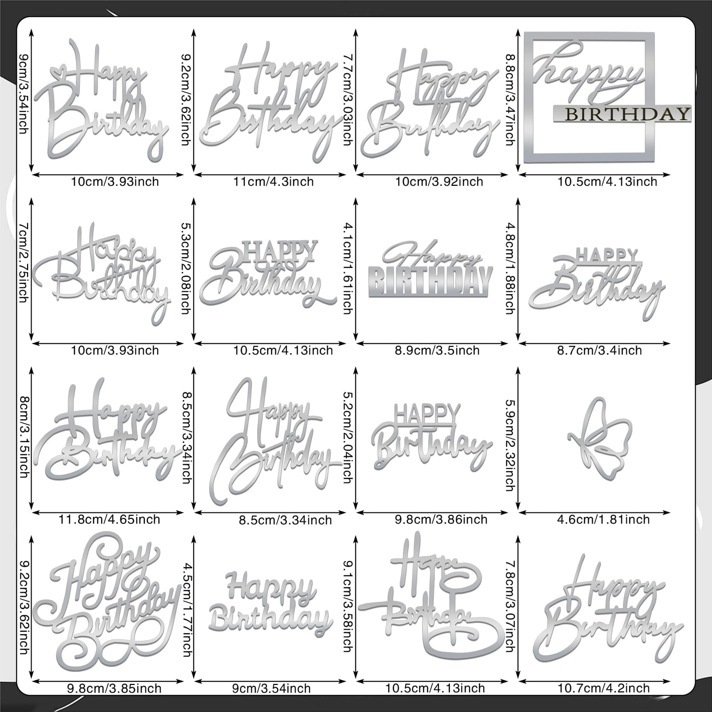 15 PCS Silver Happy Birthday Cake Toppers Mirror Acrylic Cake Topper Side Cake Decorations Silver Cake Inserts Cake Decorating Supplies Cupcake