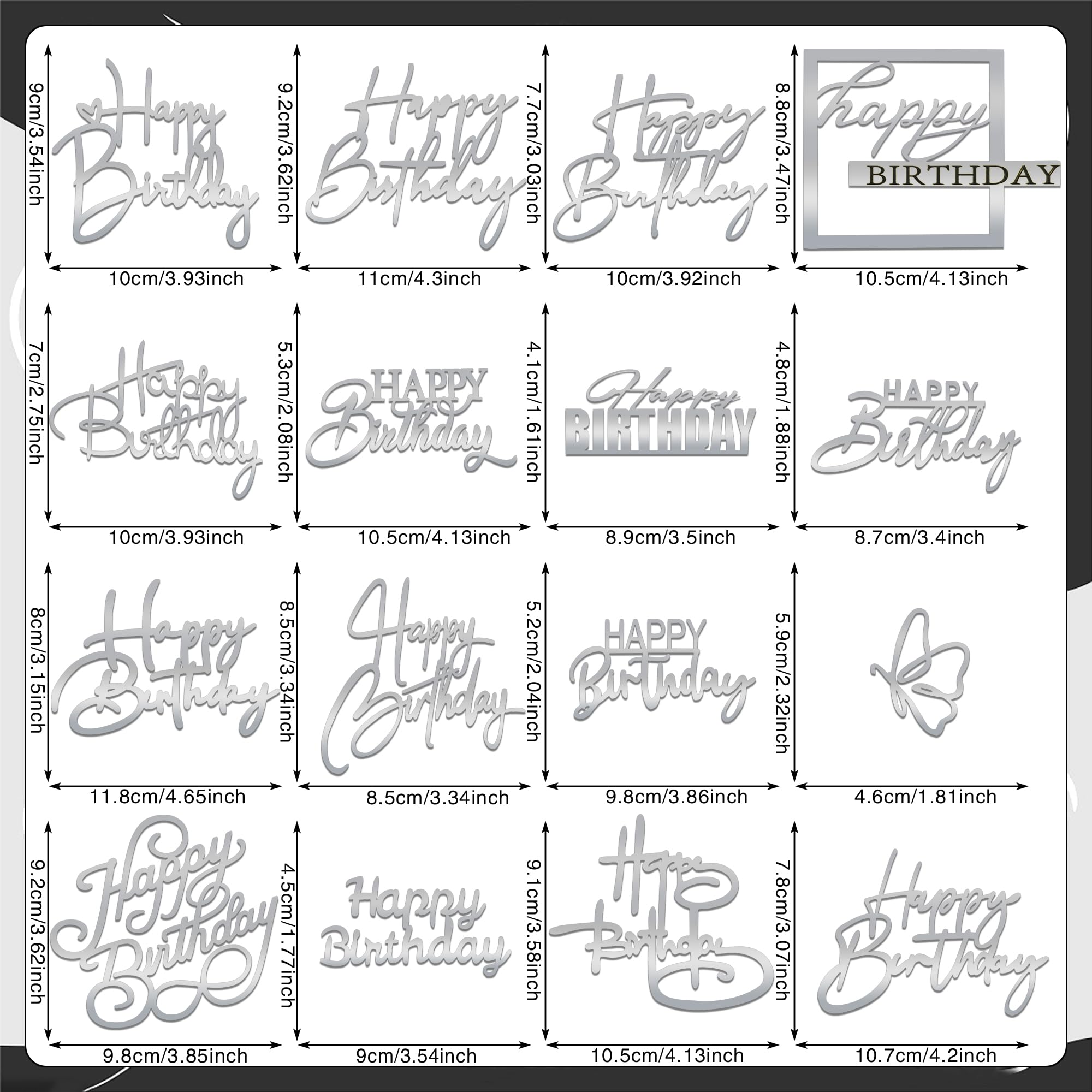 15 PCS Silver Happy Birthday Cake Toppers Mirror Acrylic Cake Topper Side Cake Decorations Silver Cake Inserts Cake Decorating Supplies Cupcake
