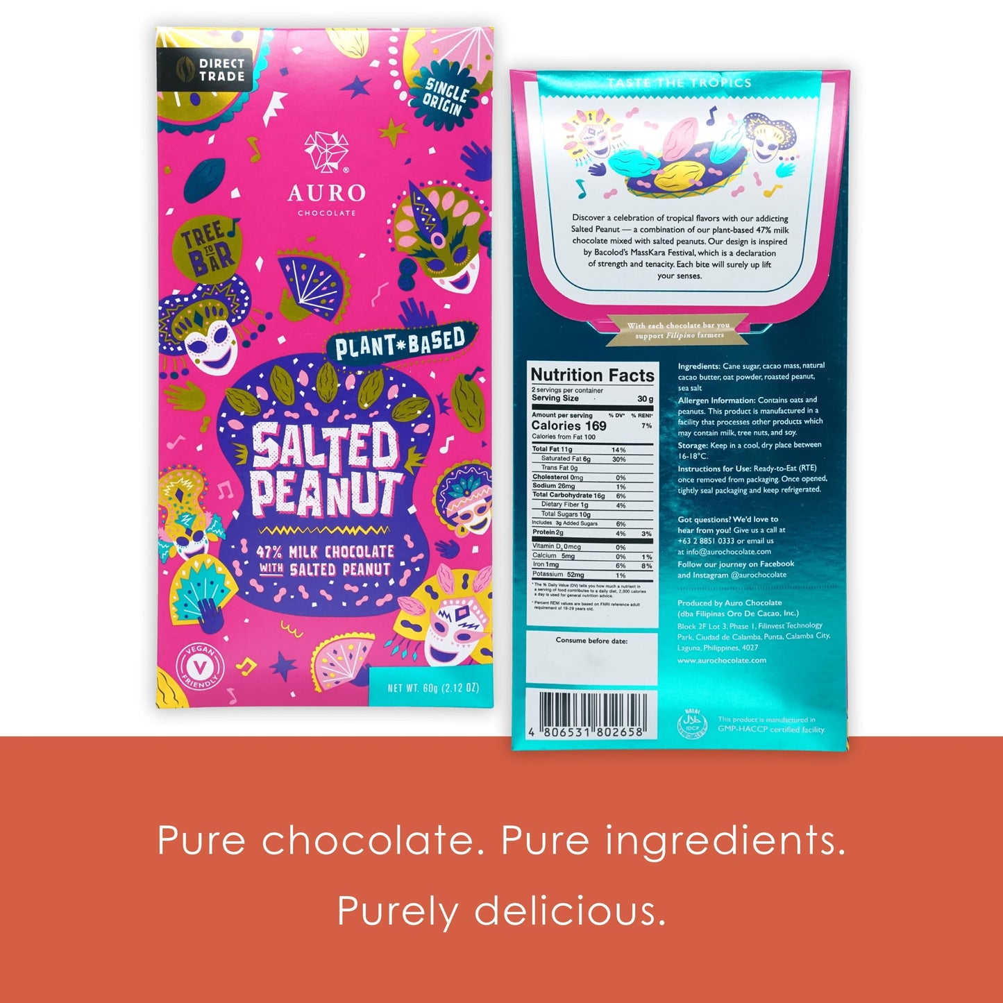 Auro Salted Peanut 47% Milk Chocolate 3 Pack - Filipino Chocolate - Premium, Made At Origin, Direct Trade, Bean-to-Bar, Woman Owned, BIPOC Owned