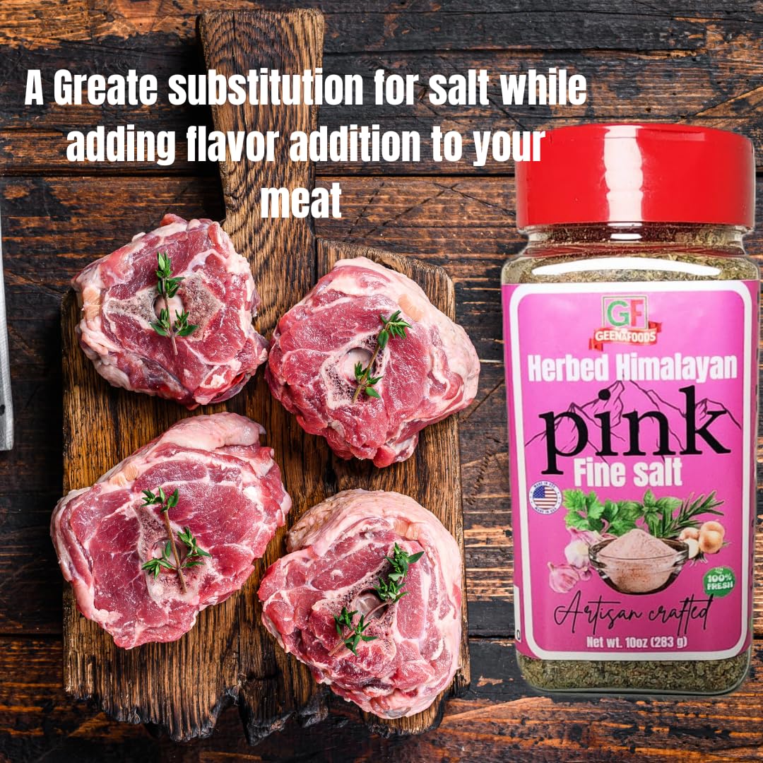 Geenafoods Herbed Himalayan Pink Fine Salt, Artisan Crafted with Garlic, Onion, Rosemary, Basil, Parsley, 10oz more ,Gourmet .| All quality | Non GMO