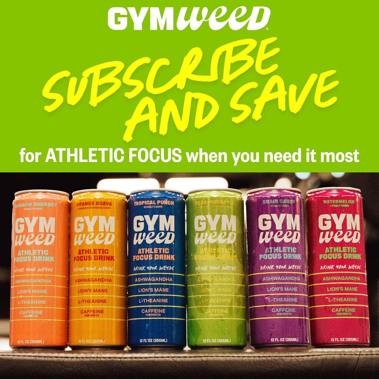GYM WEED Athletic Focus Drink with KSM-66 Ashwagandha, Lion's Mane Mushroom, L-Theanine, 200mg Green Tea Caffeine with Natural Sweeteners Tropical