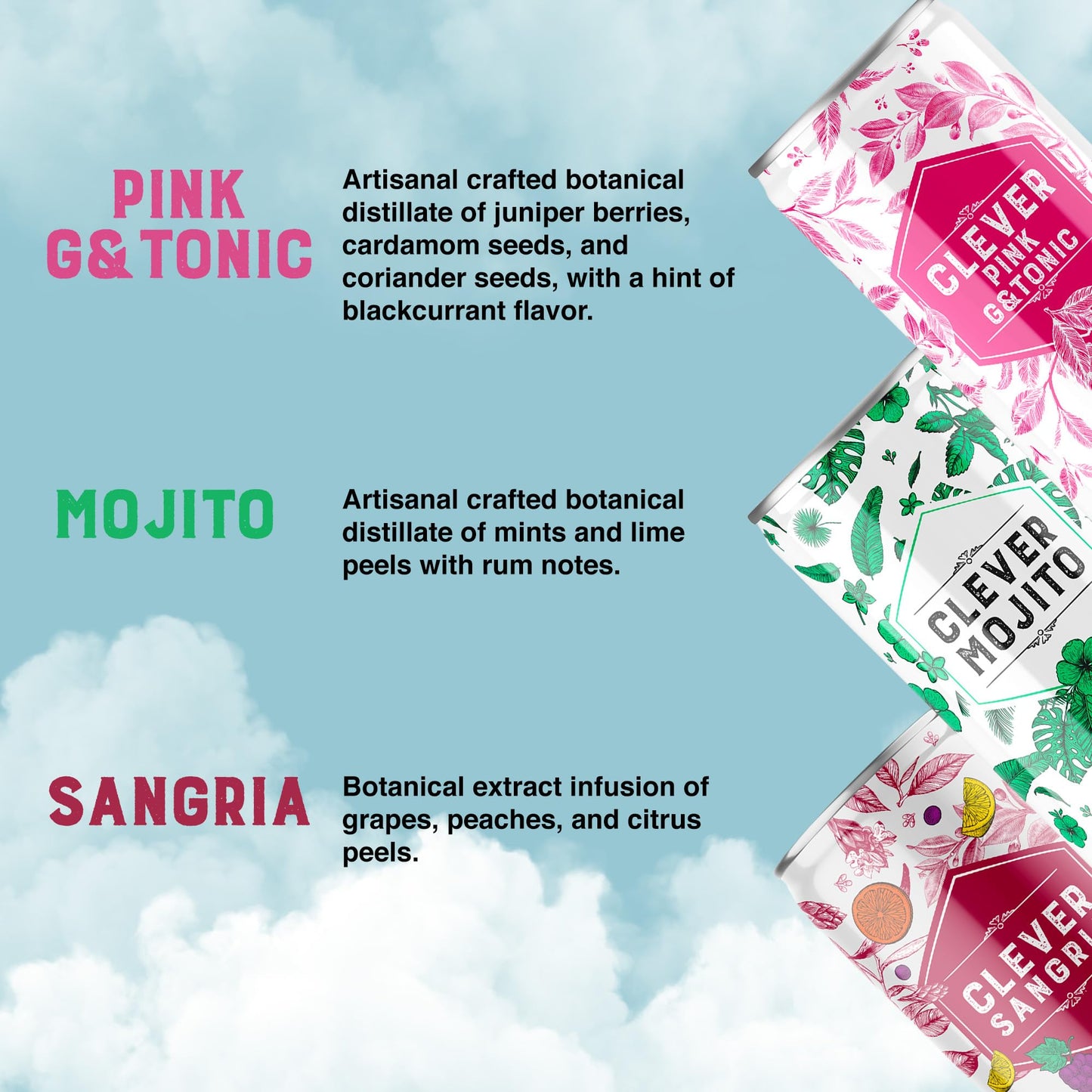 CLEVER - Nonalcoholic Mocktails Mix Pack, 3 Mocktails Non-alcoholic Drinks: Mojito, Sangria & Pink G & Tonic, Low-Calorie All-Occasion Refreshing