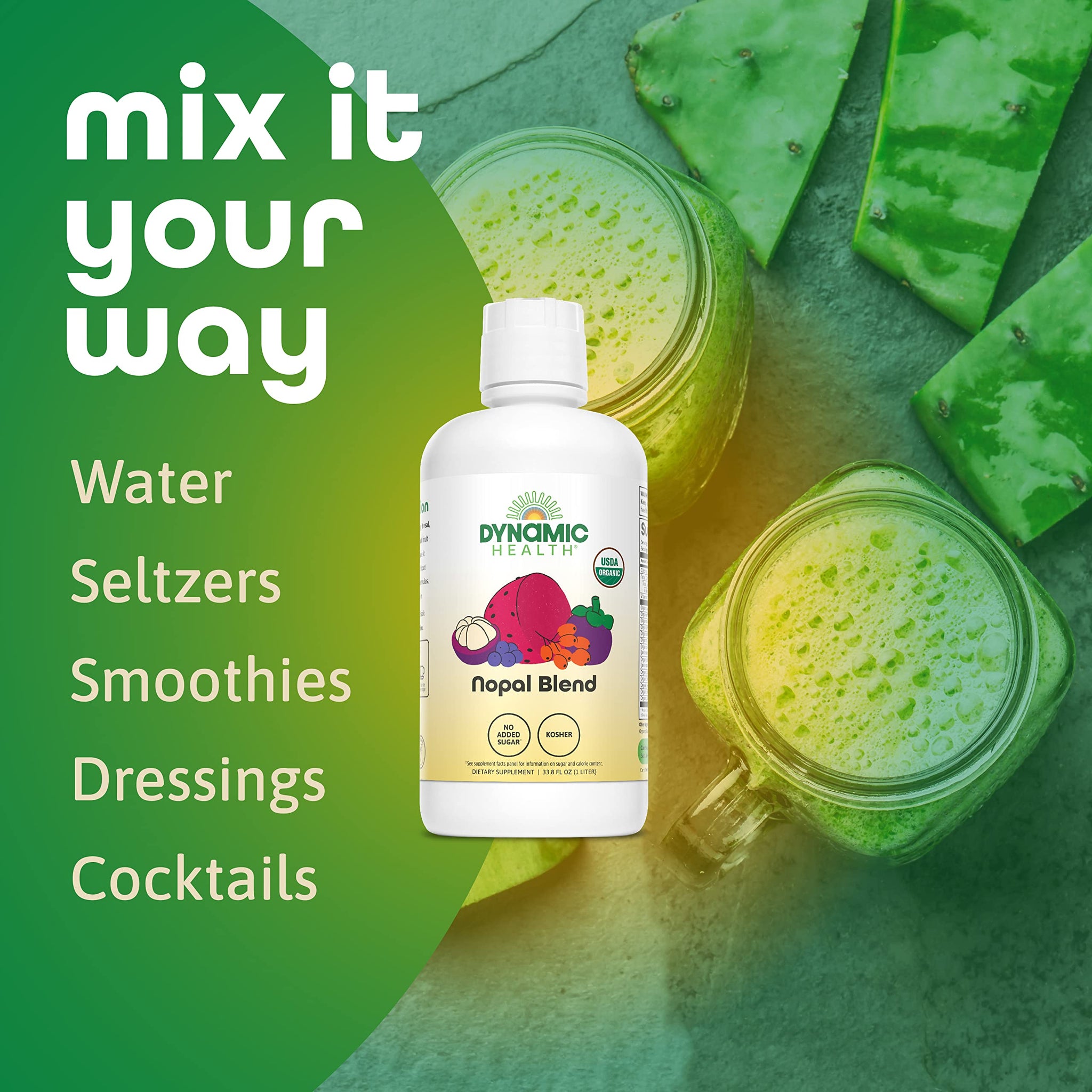 Dynamic Health Nopal Blend Juice with Acai, Certified Organic, Mangosteen and Seabuckthorn, Natural Antioxidants, Omegas, Vitamins and Amino Acids