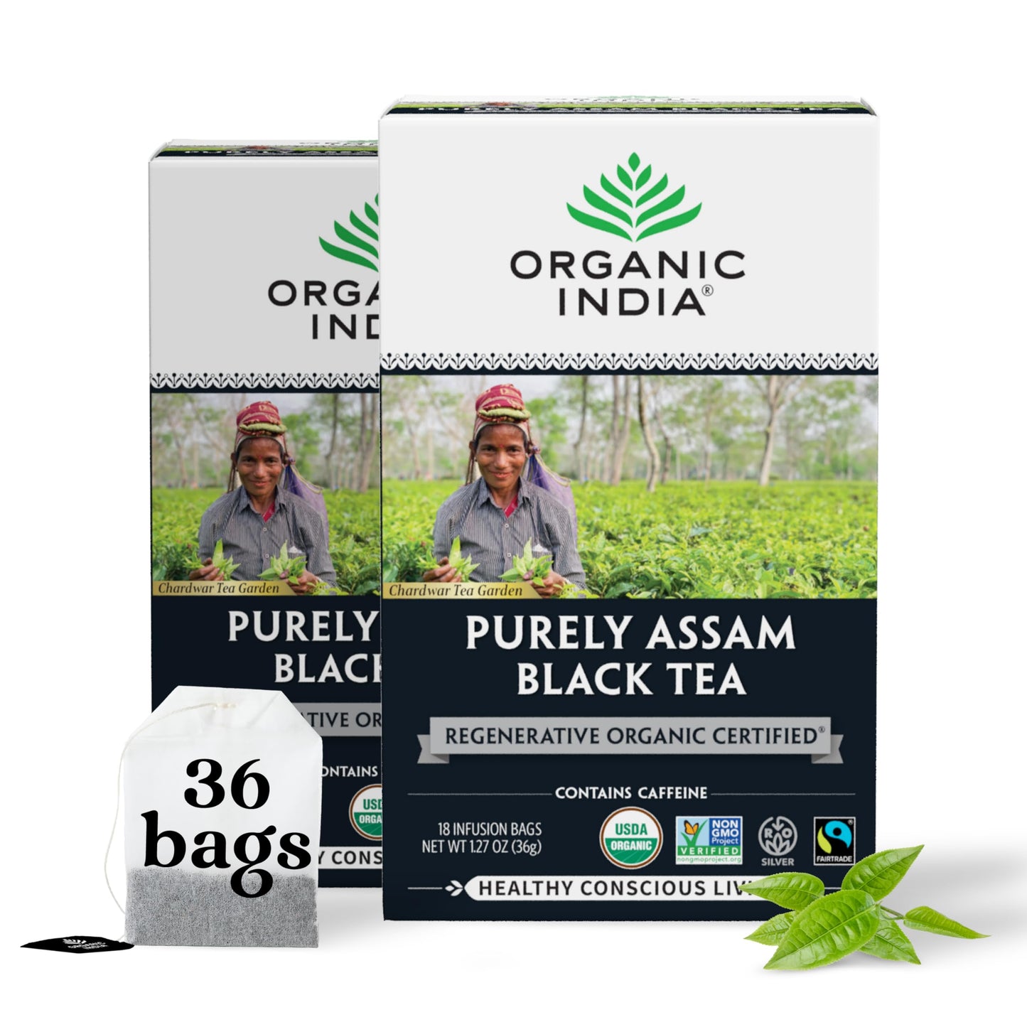Organic India Purely Assam Black Tea - Caffeinated Herbal Tea Bags with Natural Assam Leaves, Enjoy with Milk & Sweetener, USDA Organic, Non-GMO