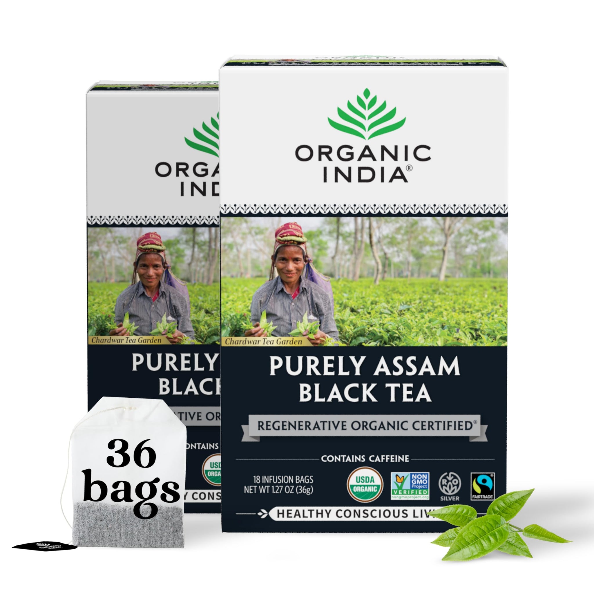 Organic India Purely Assam Black Tea - Caffeinated Herbal Tea Bags with Natural Assam Leaves, Enjoy with Milk & Sweetener, USDA Organic, Non-GMO