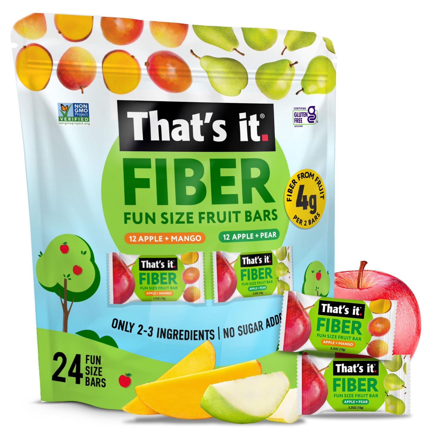 That’s it. Fiber Snacks for Kids - Fiber Fun Size Fruit Bar Variety Pack (Mango + Pear), 4g Fiber from Fruit per 2 Bars, No Added Sugar, 2-3
