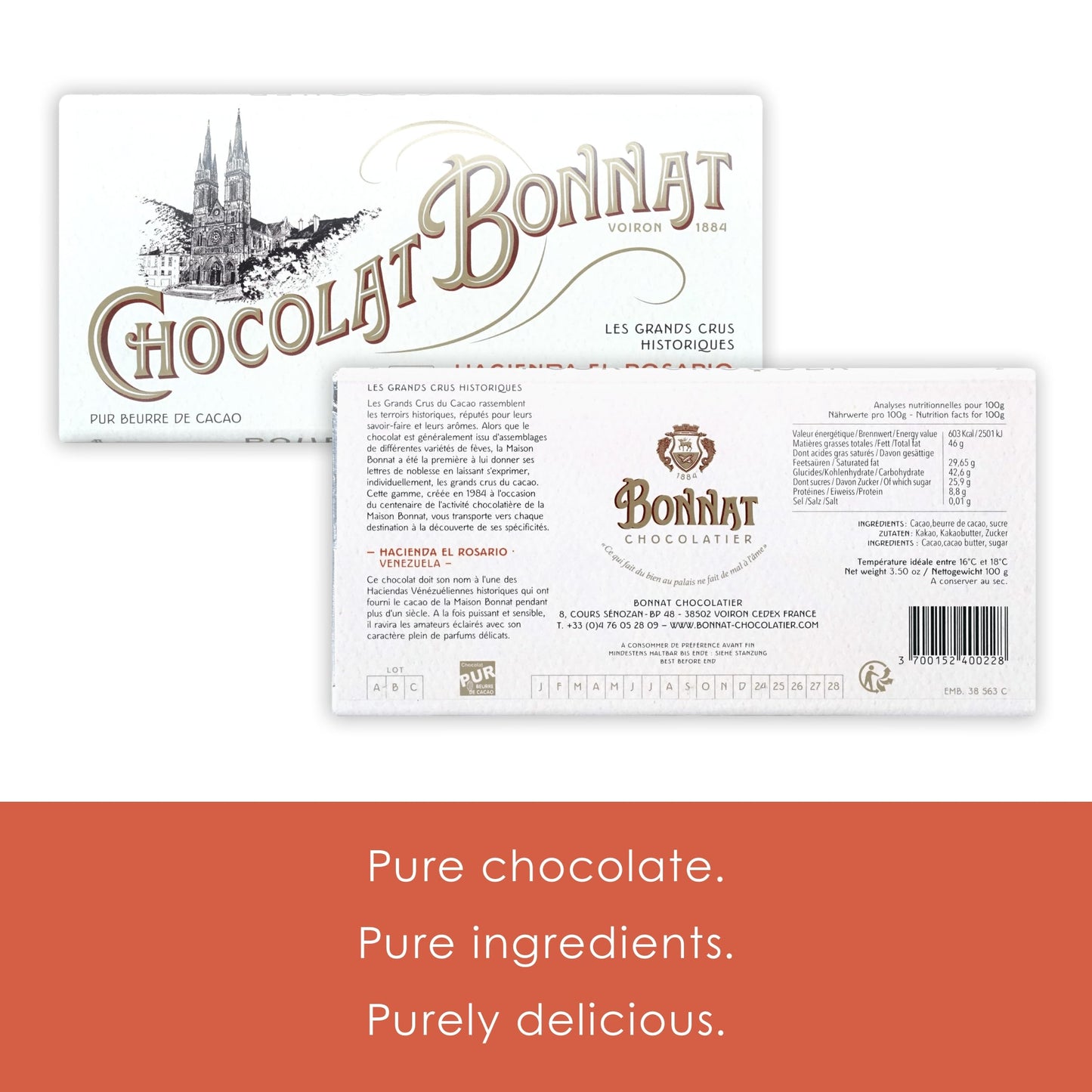 Bonnat Hacienda El Rosario 75% Dark Chocolate 3 Pack - French Chocolate - Bean-to-Bar, Family Owned - Soy-Free, Gluten-Free, Vegan, Kosher - Bundle