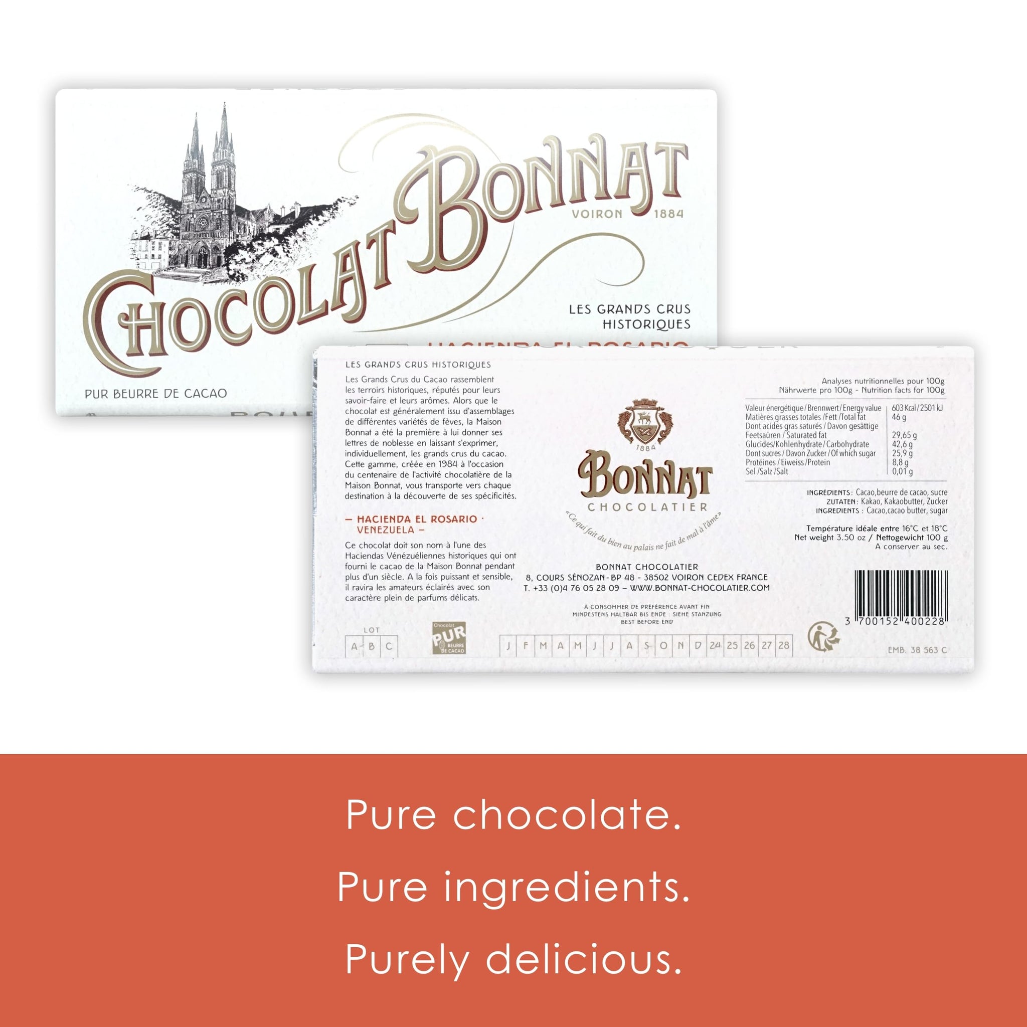 Bonnat Hacienda El Rosario 75% Dark Chocolate 3 Pack - French Chocolate - Bean-to-Bar, Family Owned - Soy-Free, Gluten-Free, Vegan, Kosher - Bundle