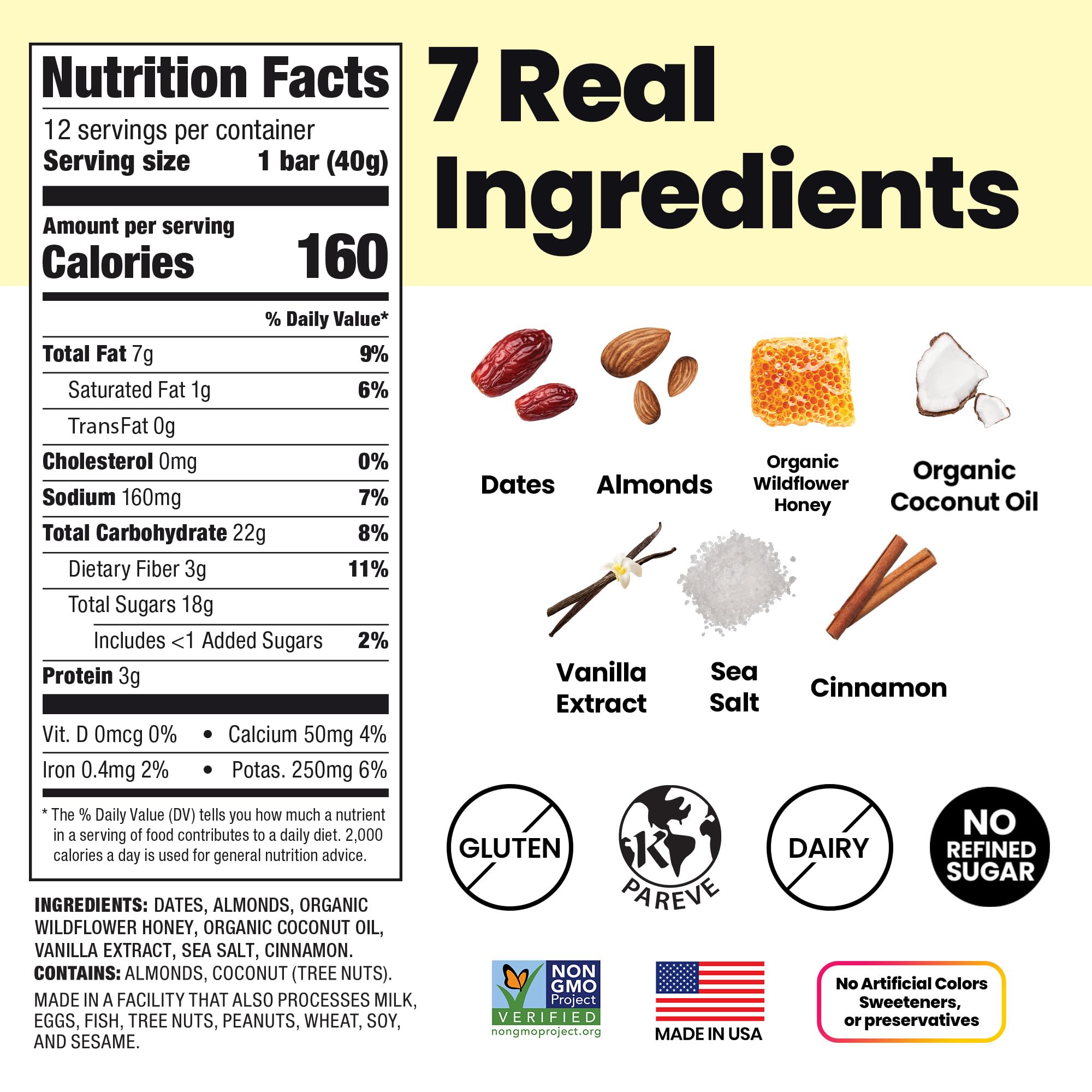 Bahamii Honey Cinnamon Date and Energy Bars, Healthy Snacks and Breakfast Bars for Kids and Adults, Paleo, Gluten Free, High Fiber, Dairy Free, Plant