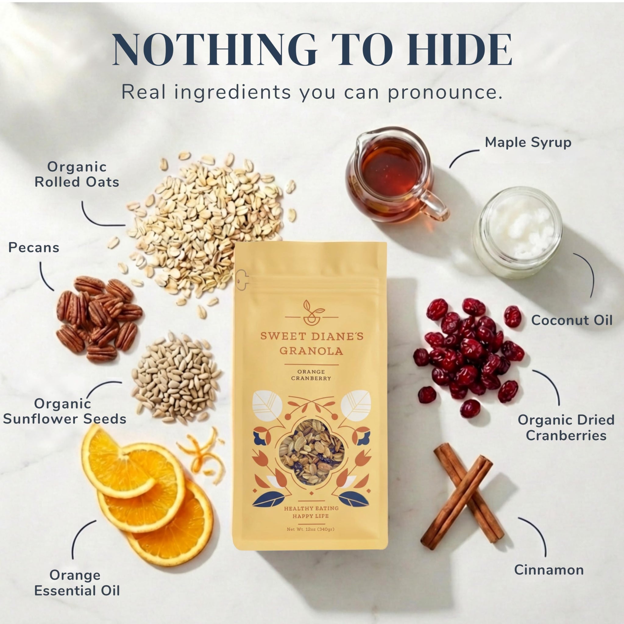 Sweet Diane’s Organic Granola - Orange Cranberry | 2-Pack (12 oz Each) | Gluten-Free, Vegan, Low Sugar, High Fiber | Oats, Pecans, Seeds & Citrus
