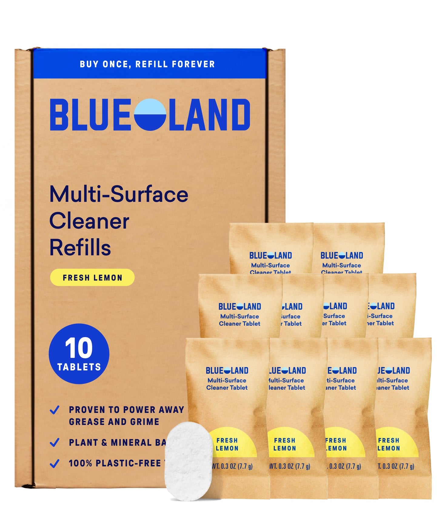 BLUELAND Multi-surface Cleaner, 10 Refill Tablets, Fresh Lemon Scent, All-Purpose, Eco-Friendly Cleaning Supplies, 10 x 24 Fl oz