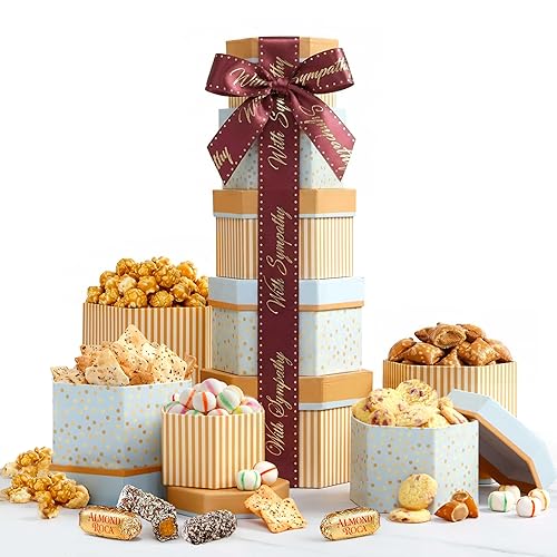 Broadway Basketeers Sympathy Gift Tower Box - Premium Snack Tower with Cookies, Sweets and Savory Treats - Thoughtful Individually Wrapped Kosher