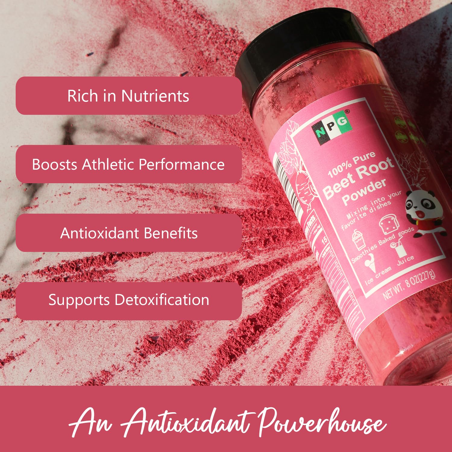 NPG Beet Root Powder 8 Oz, 100% Pure Raw Red Beetroot Superfood for Baking, Juices Drink, Smoothies, Vegan, Non-GMO, No Added Sugar, No Preservatives